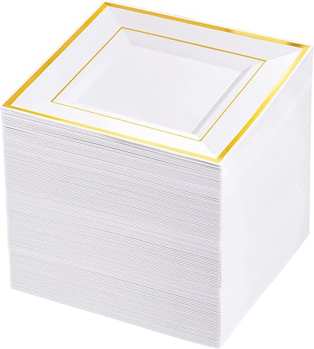 bUCLA 100 platos de plástico cuadrados dorados de 6 pulgadas, platos desechables de postrepastel, platos de aperitivos pequeños cuadrados duros de