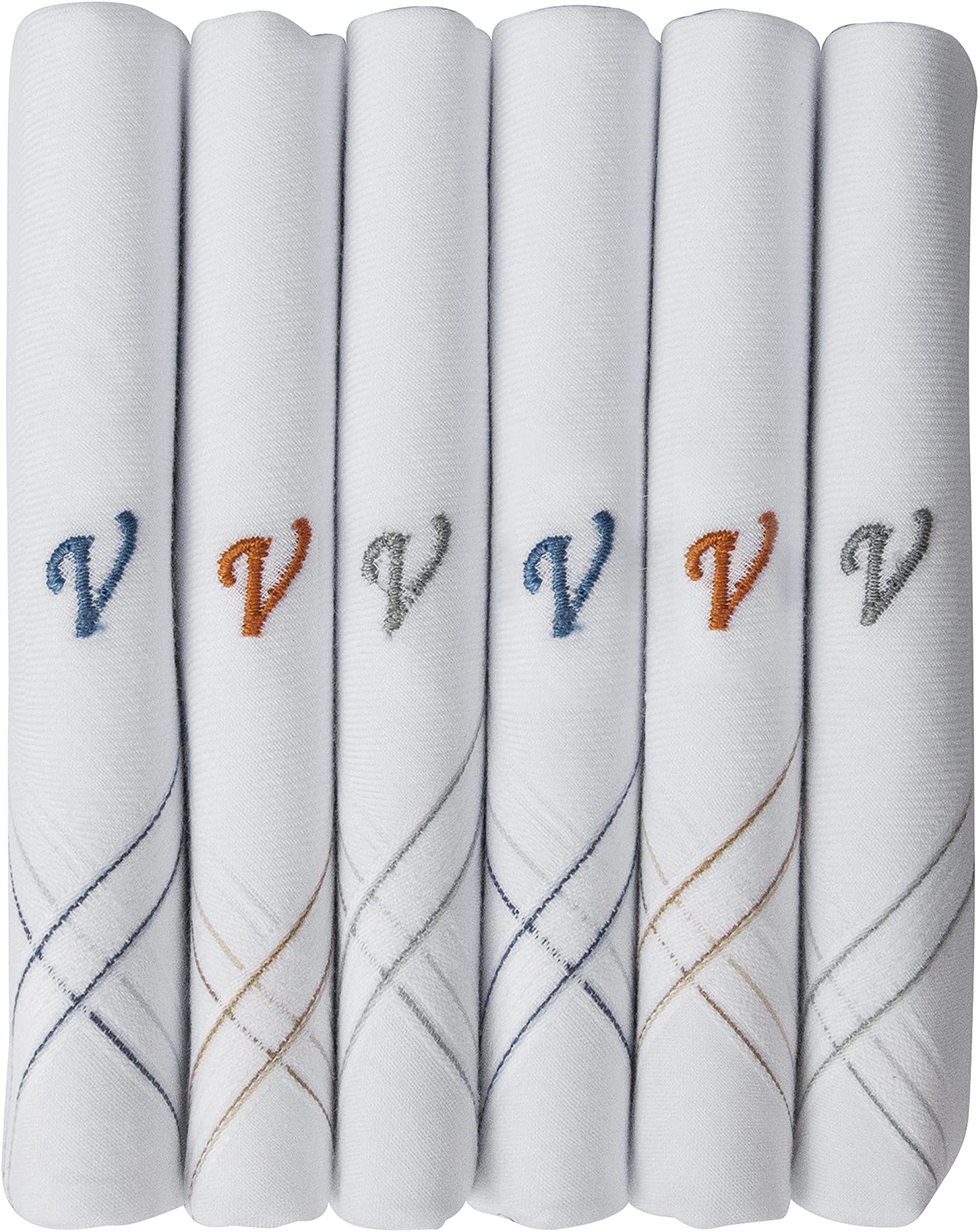 [Caruso Italy] Men's Initial Monogram Embroidery 100% Pure Cotton Handkerchief White Base with Colored Border - 6 Pack 46x46 cm