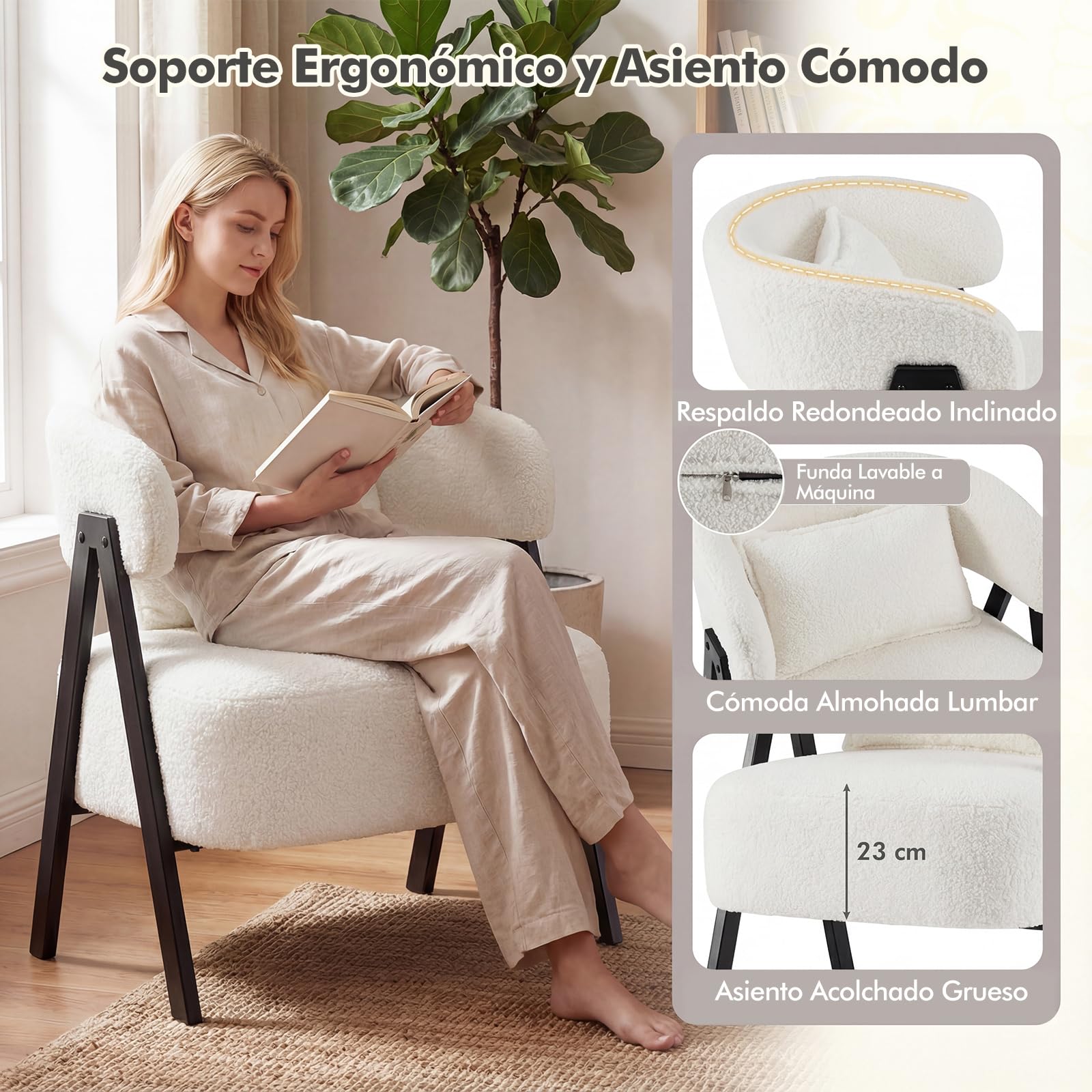 COSTWAY Butaca de Salón Tapizado en Imitación Conejo Suave, Sillón con Cojín Lumbar y Patas de Metal, Silla Estilo Escandinavo para Lectura, Sofá Individual de Ocio para Salón, Dormitorio (Blanco)