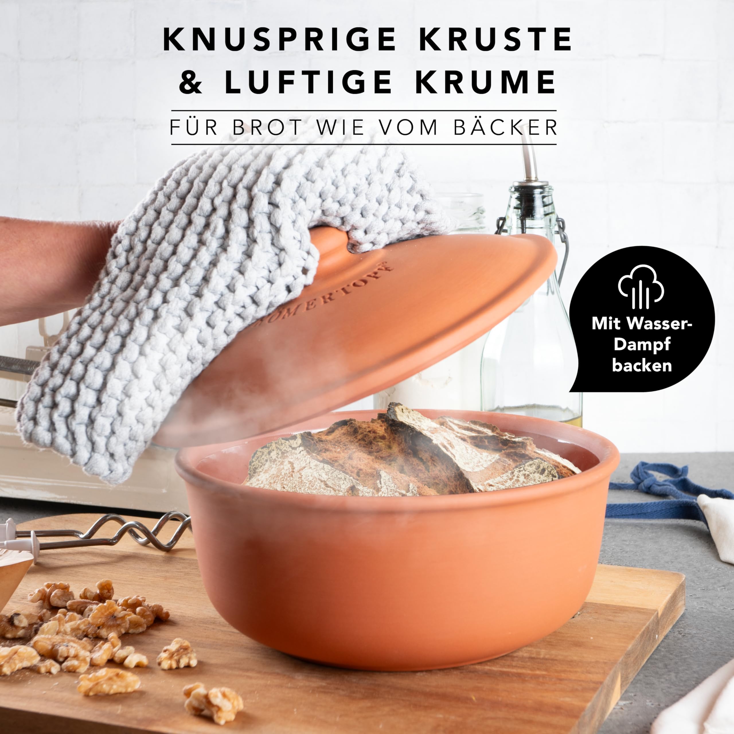 Römertopf Brot-Back-Topf aus Naturton, Ø 23 cm, runde Brotbackform mit Deckel, glasiertes Unterteil, unglasierter Deckel für Dampf/Schwaden, knusprige Kruste & luftige Krume, ofenfest