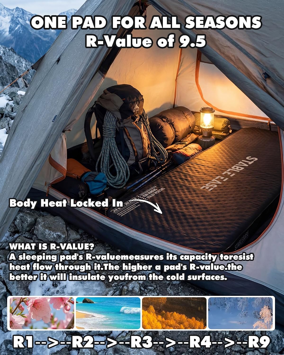 Self-Inflating Sleeping Pad With Electric Pump, 4" Ultra-Thick Memory Foam Camping Mattress For Tent Car Travel, Fast Inflation 20s, 9.5 R-Value 4-Season Insulated, Compact Portable Comfort