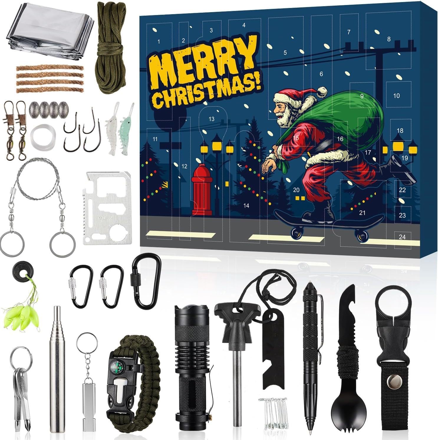 Adventskalender Angeln Weihnachten Countdown, 24 Tage Angelköder Angeln Kit Set, 2025 Xmas Überraschung Geschenk für Erwachsene Männer Teen Jungen (A)