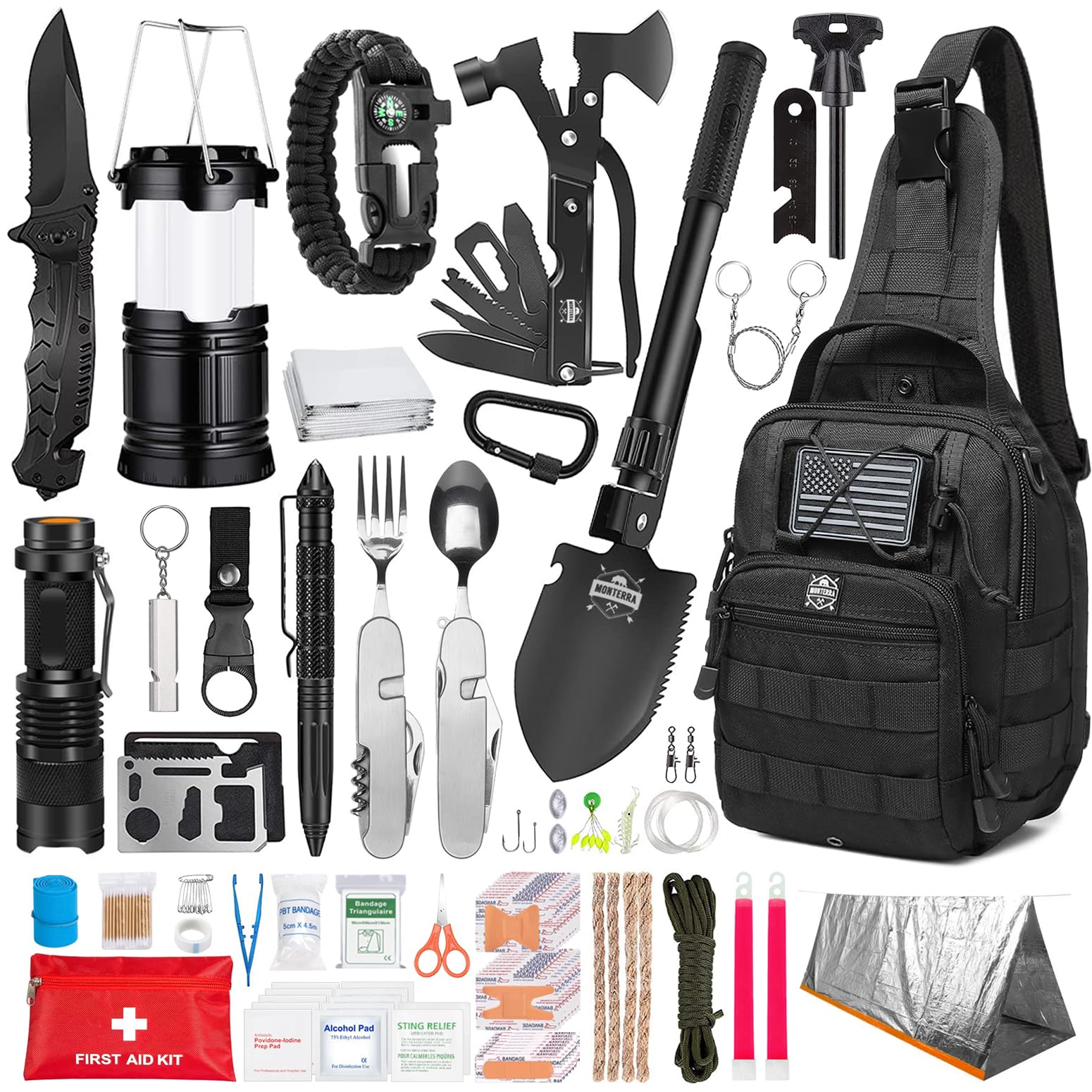 Monterra Survival Kit, 265 Pcs, Emergency Gear and Supplies, First Aid, Bug Out Go Bag, EDC, Molle System Backpack, Hiking, Camping, Outdoor Accessories, Hunting Gifts for Men.
