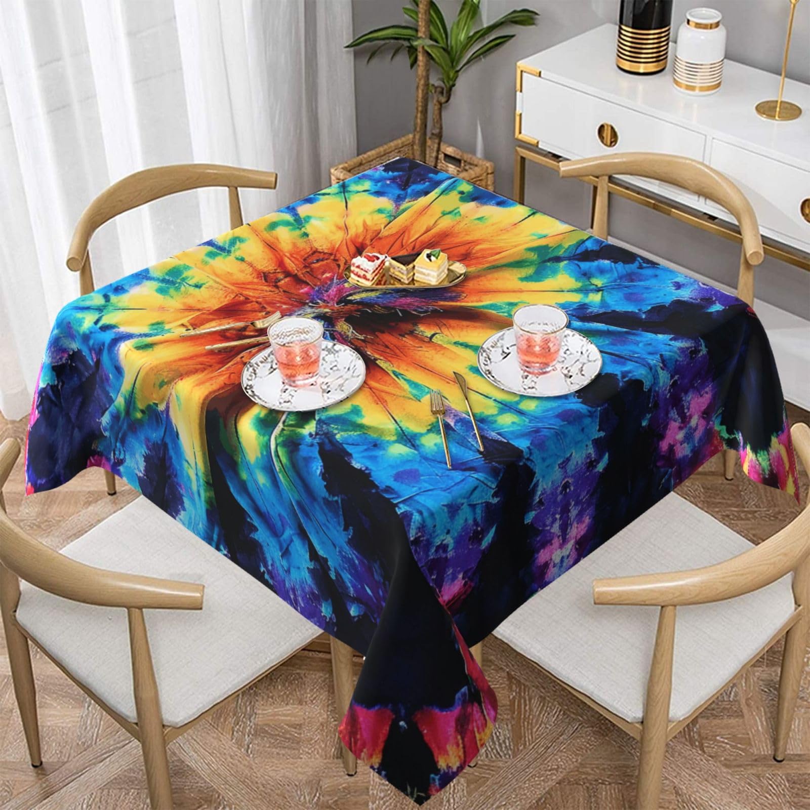 WPKJU Exotic Tribe Tie Dye Style Printed Square Tablecloth 60x60 inch Water Resistant Table Cover Washable Rectangle Table Cloth for Dining Tables