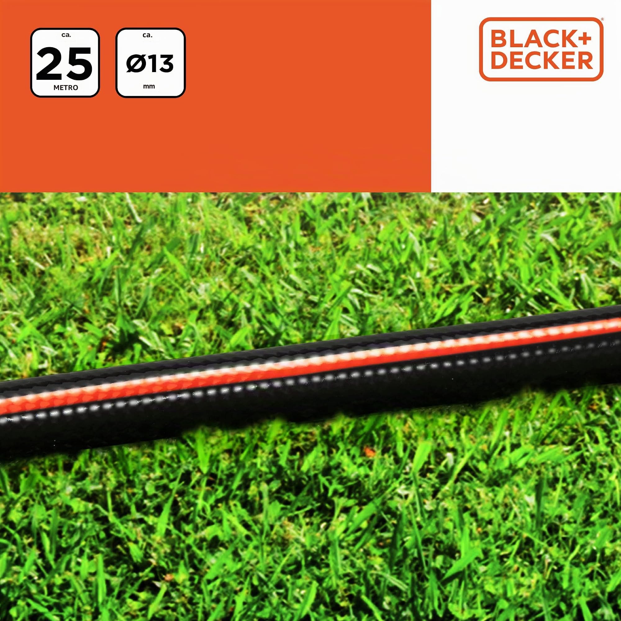 BLACK+DECKER Tubo da giardino, 25 metri, diametro 13 mm, resistente PVC, irrigazione da giardino, lavaggio auto, riempimento piscina, adatto per ogni rubinetto standard, colore nero/arancione