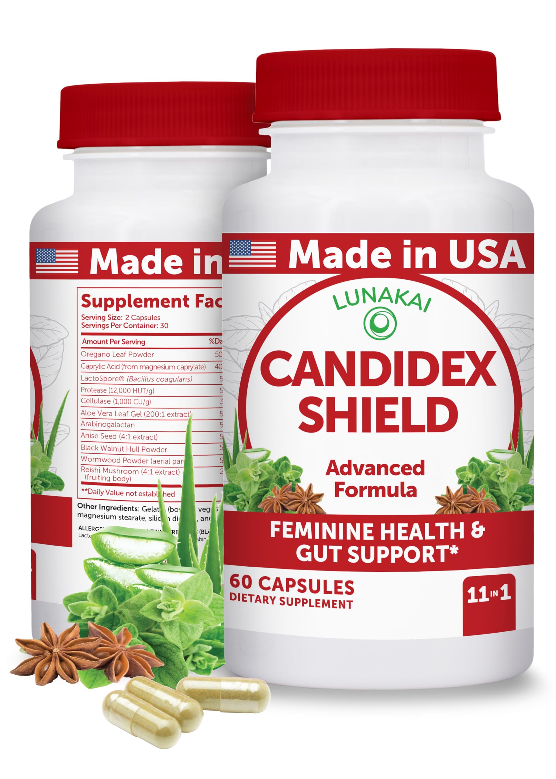 Lunakai USA Manufactured Candida Cleanse Detox for Women & Men – 11-in-1 Gut Cleanse & Candida Support with Caprylic Acid for Daily Yeast Balance, 60ct