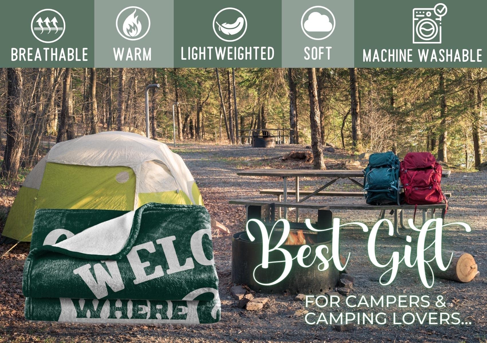 Camping-Überwurfdecke "Happy Camper" | 127x165 Cm, Flanell 300 G/m², Grün Mit Camping-Regeln – Perfekt Als Geschenk Für Outdoor-Fans