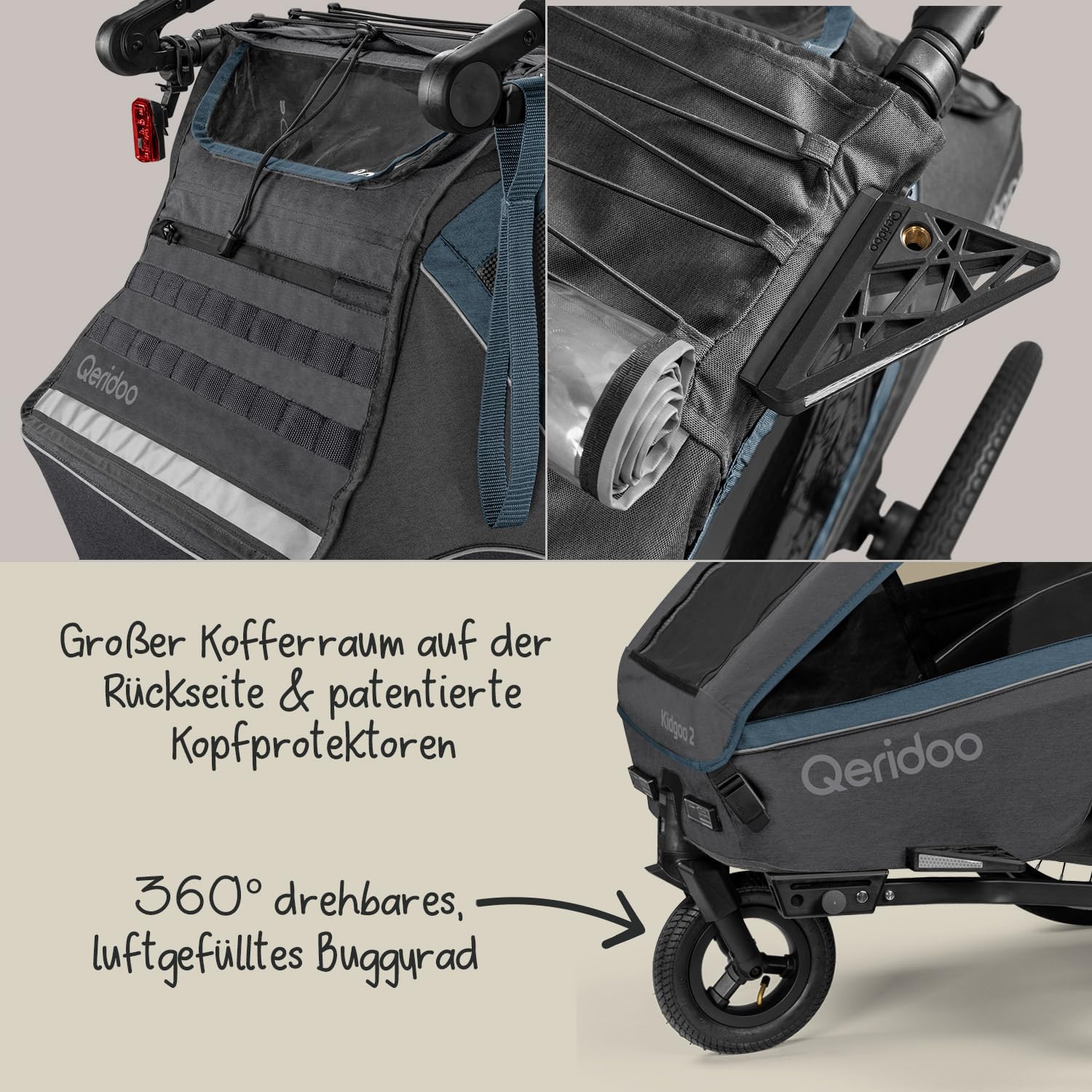 Qeridoo Rimorchio per bicicletta Kidgoo 2 blu navy con sistema di cinture a 5 punti e Easy ARS, pieghevole, con ruota girevole a 360 gradi e protezioni per la testa brevettate, per 2 bambini!