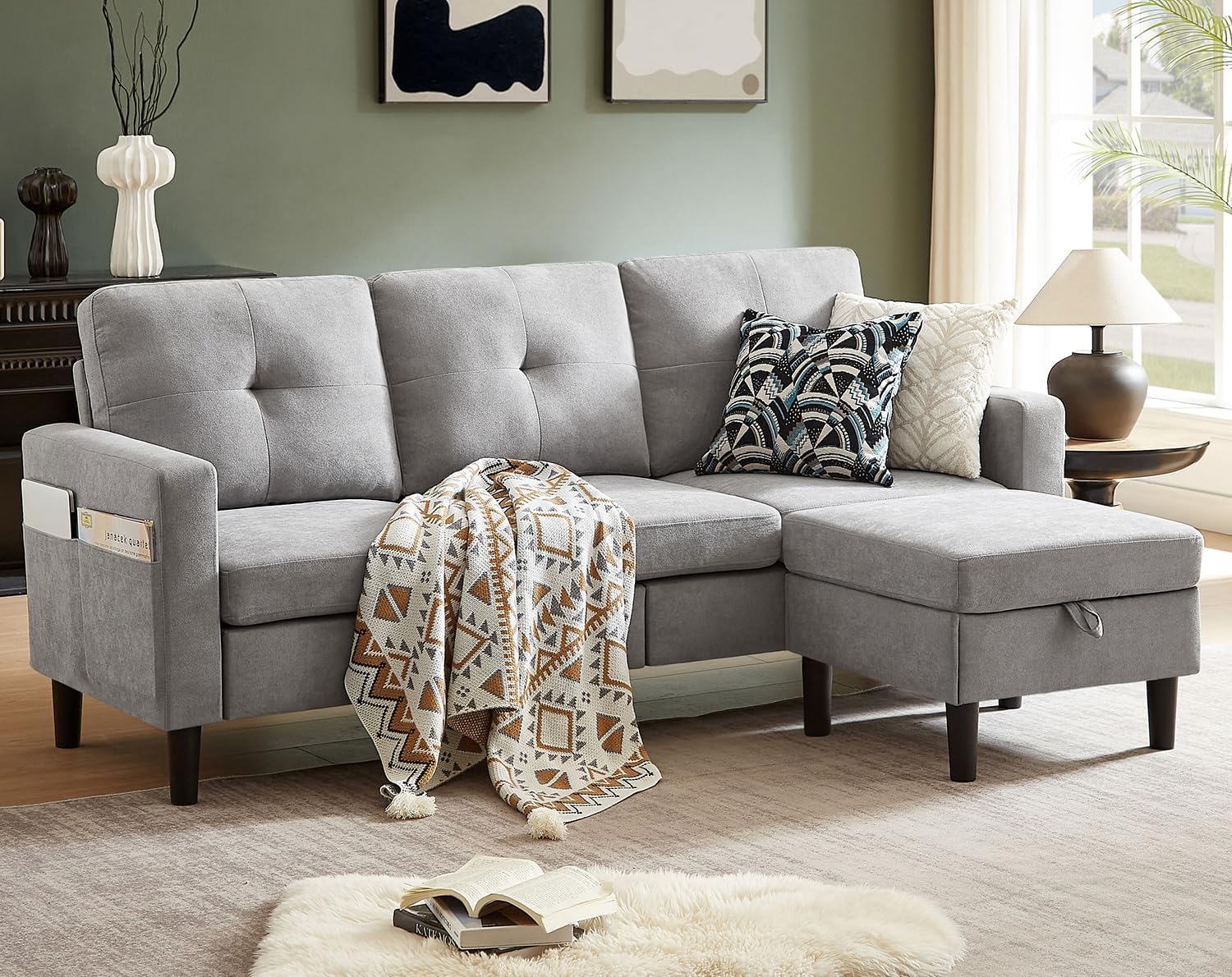Sectional Sofa Couches for Living Room, Modular 3 Seats Sectional Sofas L Shaped Couch with Storage and Reversible Chaise, Linen Fabric, 79" (Light Grey)
