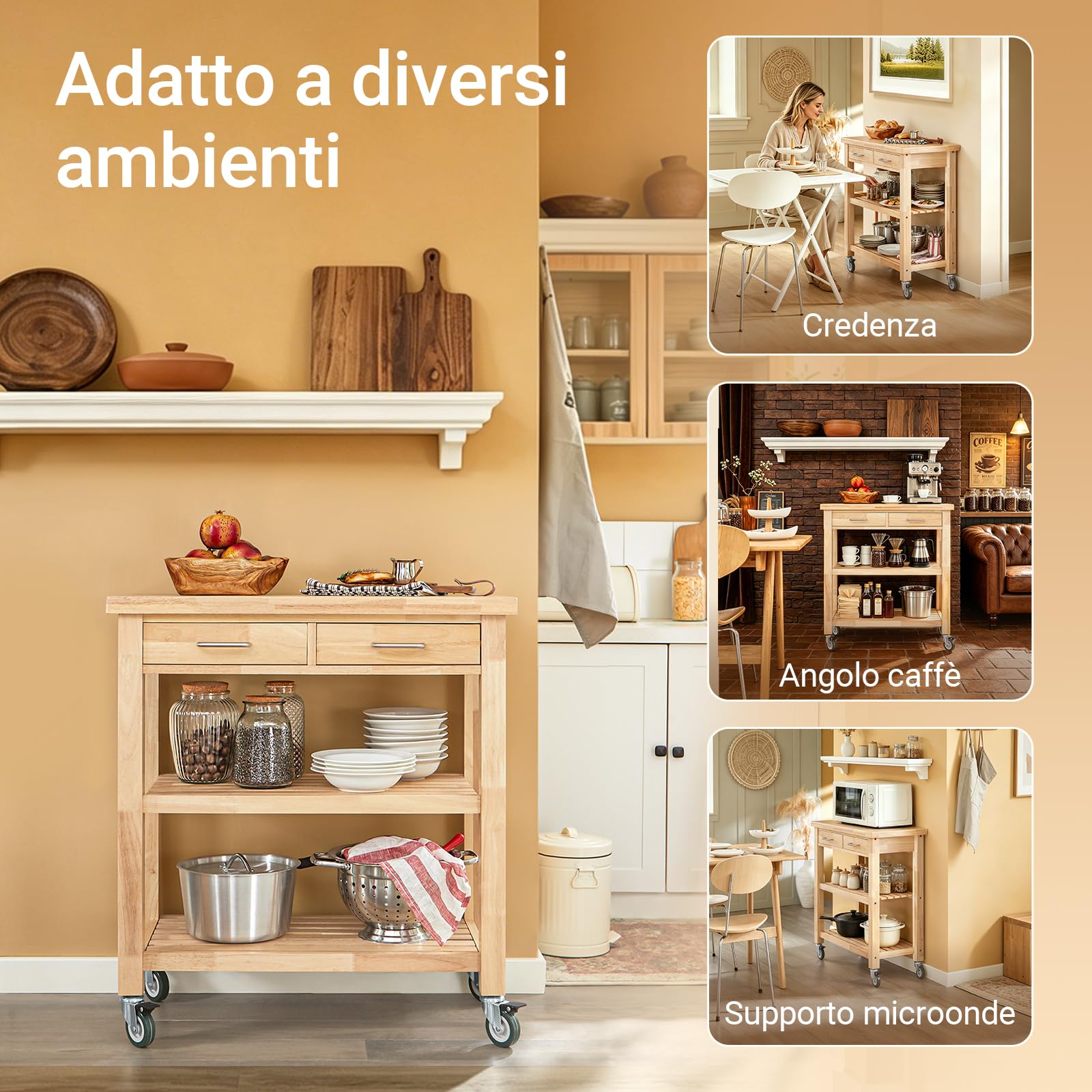 SoBuy Carrello da Cucina con Ruote, Mobile Cucina Salvaspazio in Legno Massiccio di Hevea – Mobile Soggiorno Credenza con 2 Cassetti e 2 Ripiani 80x40x90 cm FKW24-II-N