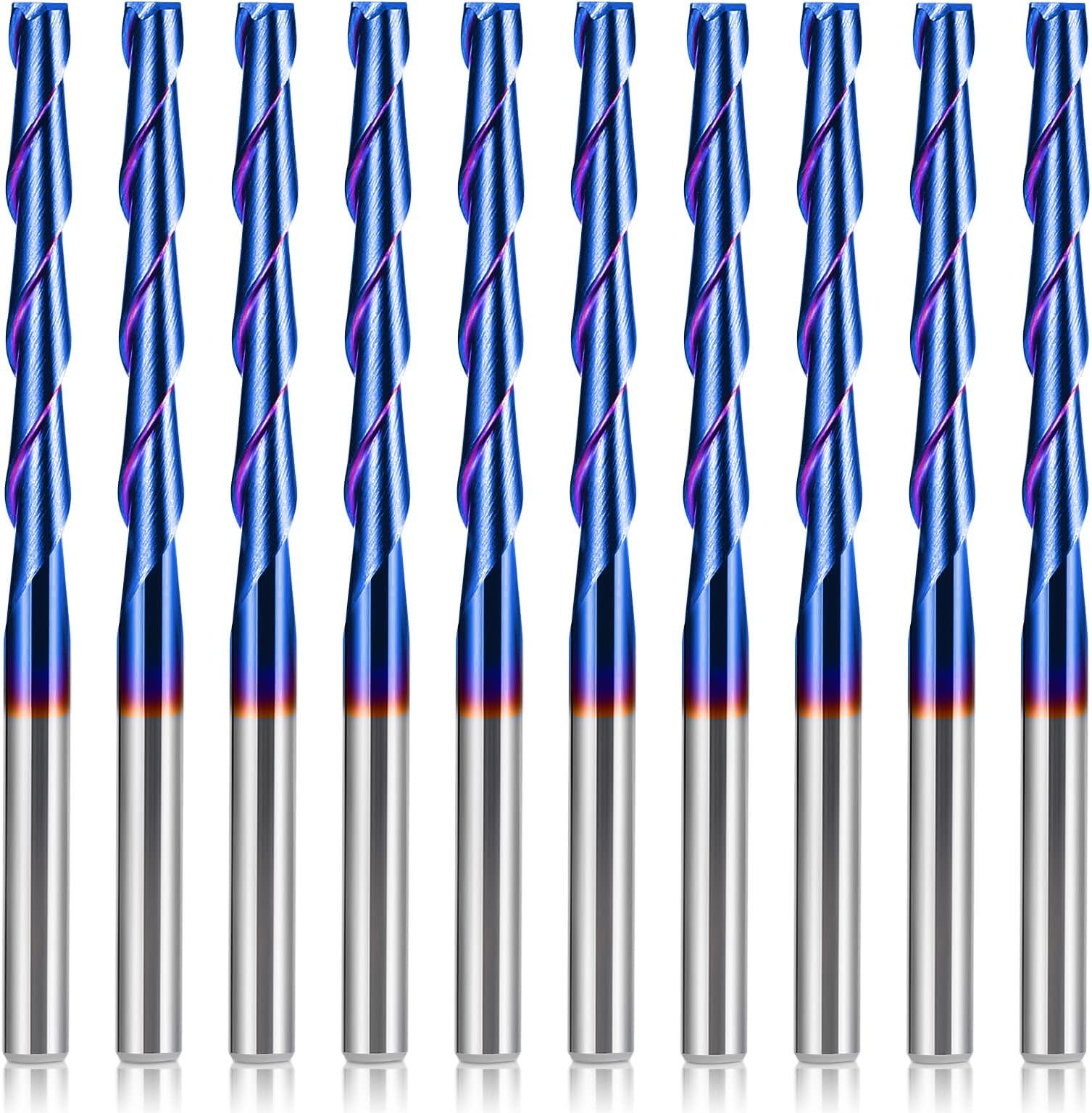 HQMaster CNC Router Bits 1/8" Shank CNC Bit End Mill Flat Nose Carbide Endmill Two Flute Spiral Upcut Milling Cutter Tool Set for Wood PVC MDF Hardwood 10Pcs (3.175mm, Total Length: 50mm)