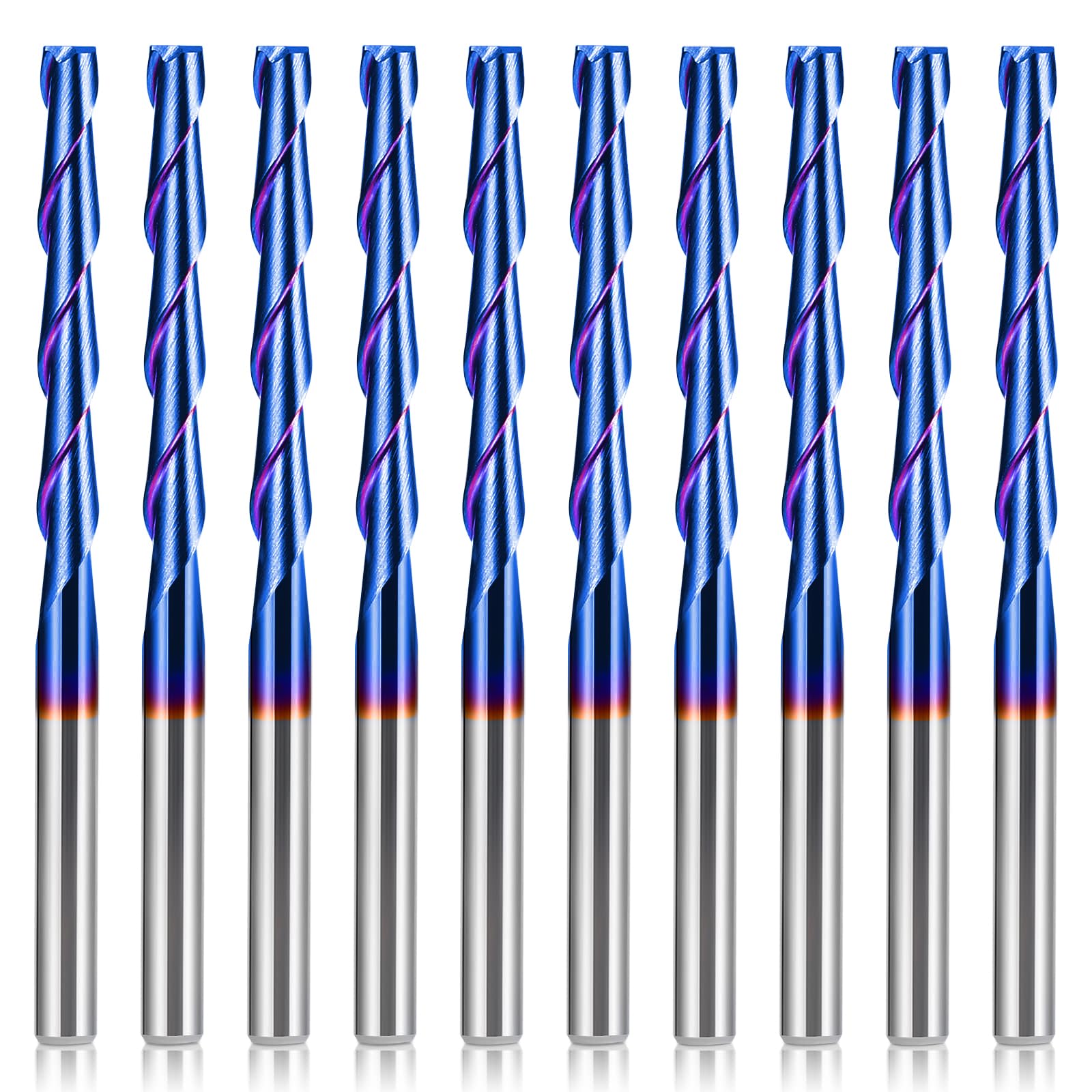 HQMaster CNC Router Bits 1/8" Shank CNC Bit End Mill Flat Nose Carbide Endmill Two Flute Spiral Upcut Milling Cutter Tool Set for Wood PVC MDF Hardwood 10Pcs (1/8" CED x 1/8" SD x 1" CEL x 2" OAL)