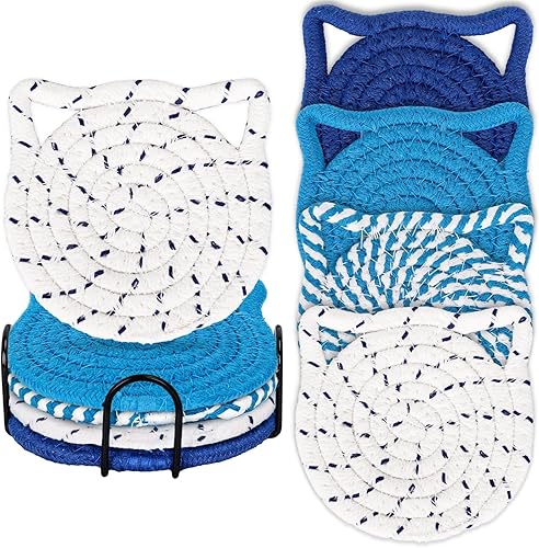 Whaline Juego de posavasos de invierno con forma de oreja de gato, hechos a mano, trenzados, de algodón, azul, blanco, antideslizantes, absorbentes,