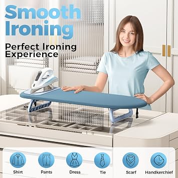 KINGRACK Small Tabletop Ironing Board with Iron Mat,30×81cm,Blue | Foldable Mini Iron Board with Silicone Iron Rest,Hanging Hook Storage, Rubber Feet Grip, Lightweight for Travel,Dorm