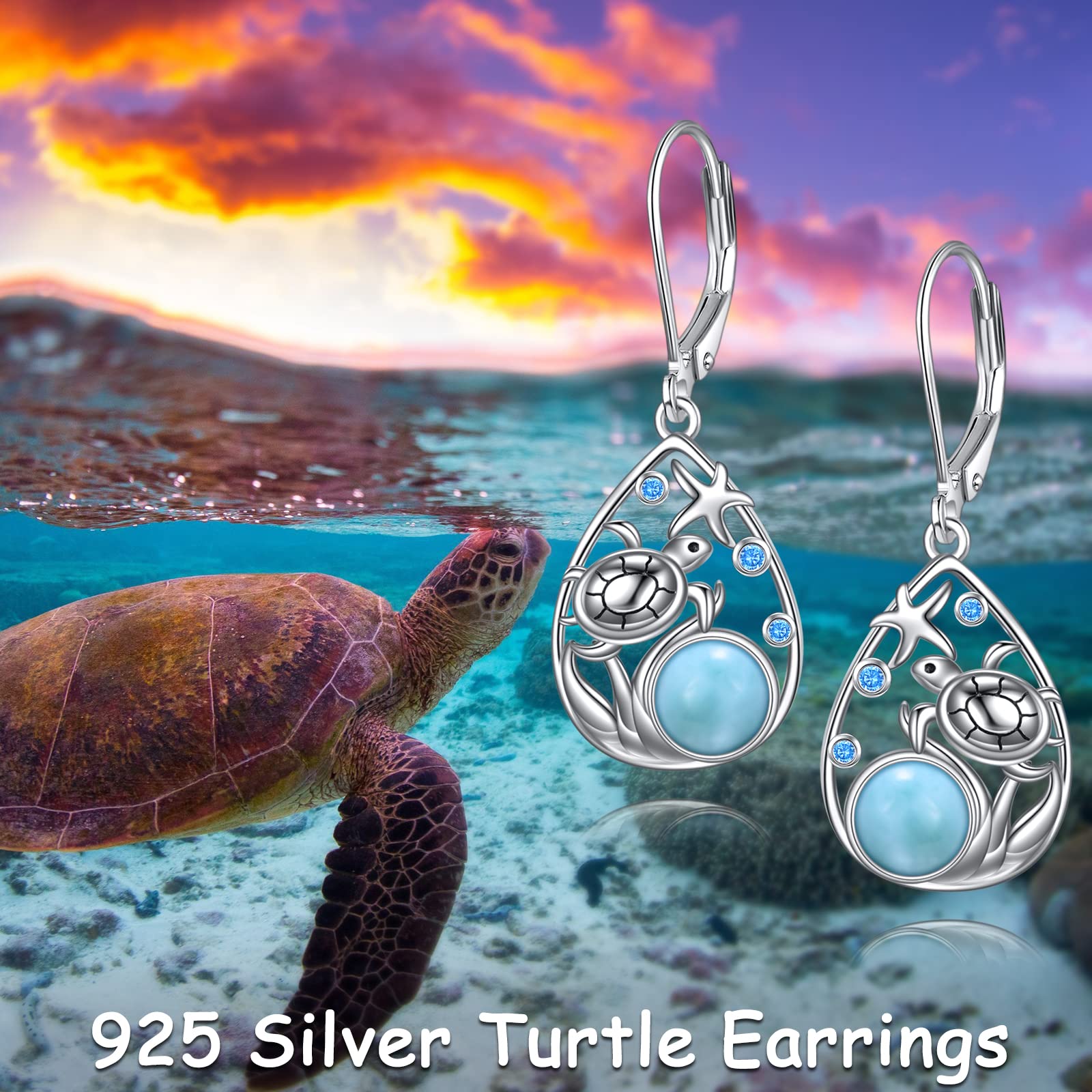 POPLYKE Larimar Schildkröte Strand Ohrringe für Frauen Sterling Silber Käfig filigran baumeln Tropfen Ohrringe für Mädchen