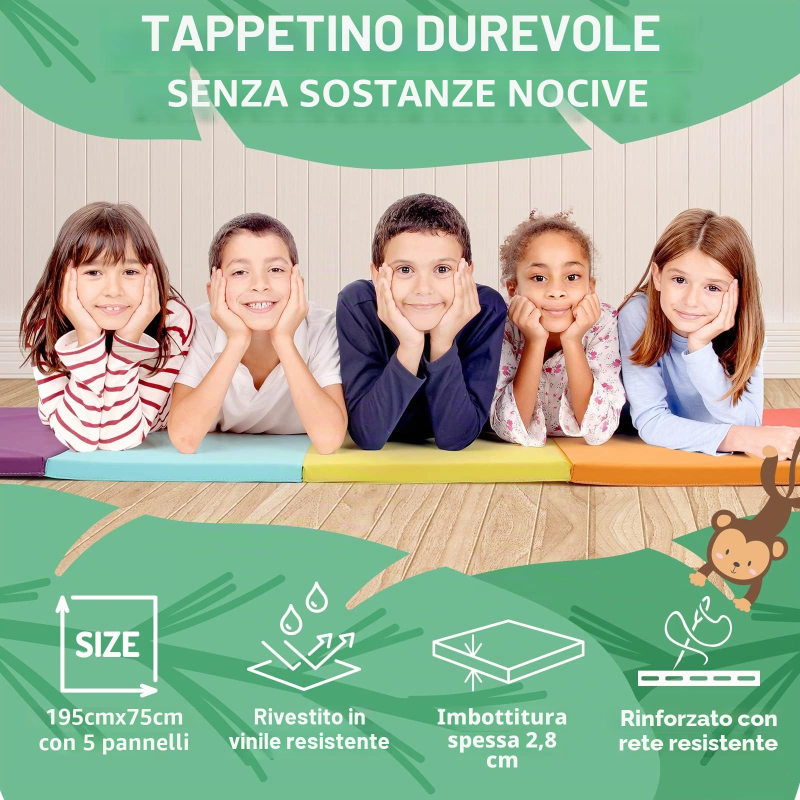 PhysKcal Tappetino ginnastica pieghevole a 5 pannelli con maniglie | Superficie antiscivolo in ecopelle con imbottitura spessa per yoga, pilates, ginnastica e attività ricreative a casa.