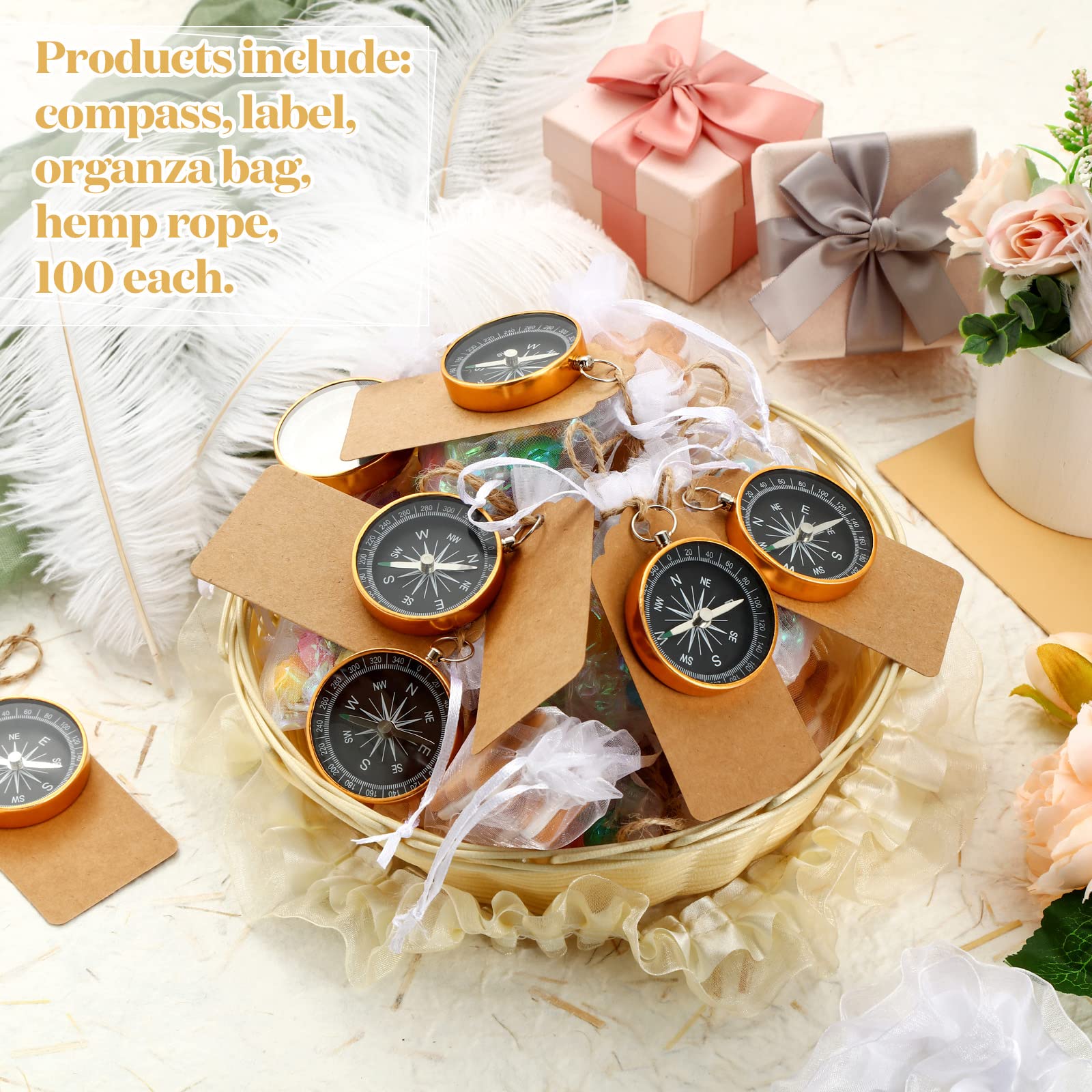 Lot de 100 mini boussoles de mariage pour invités - Décorations de fête sur le thème des voyages avec étiquettes en papier kraft et pochette à cordon pour anniversaire, mariage, décoration de Noël