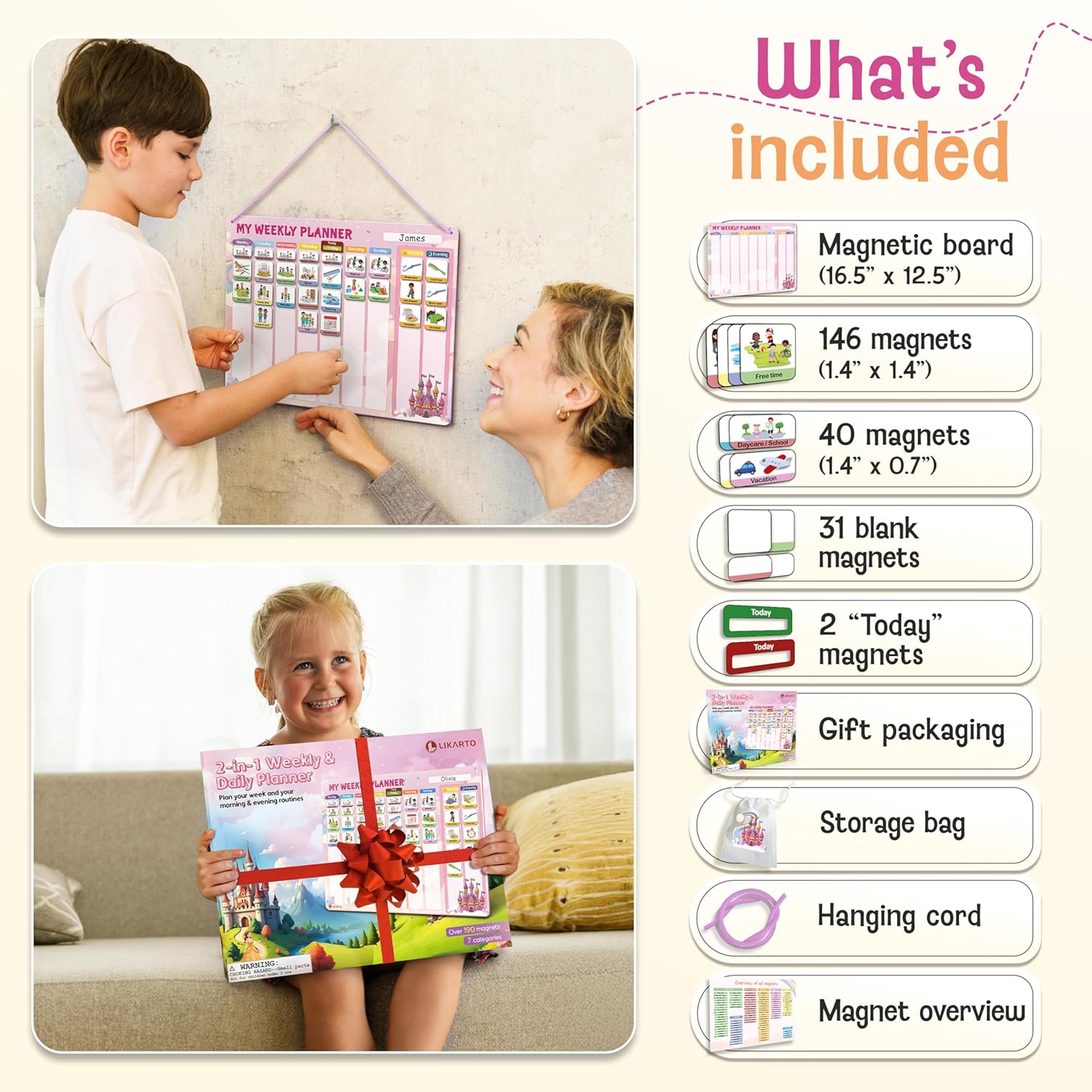 LIKARTO Visual Schedule for Kids - 2-in-1 Weekly + Daily Schedule - Magnetic Schedule with 188 Magnets and Magnetic Backing - Chore Chart Kids - Routine Chart for Toddlers, Autism, ADHD - Pink