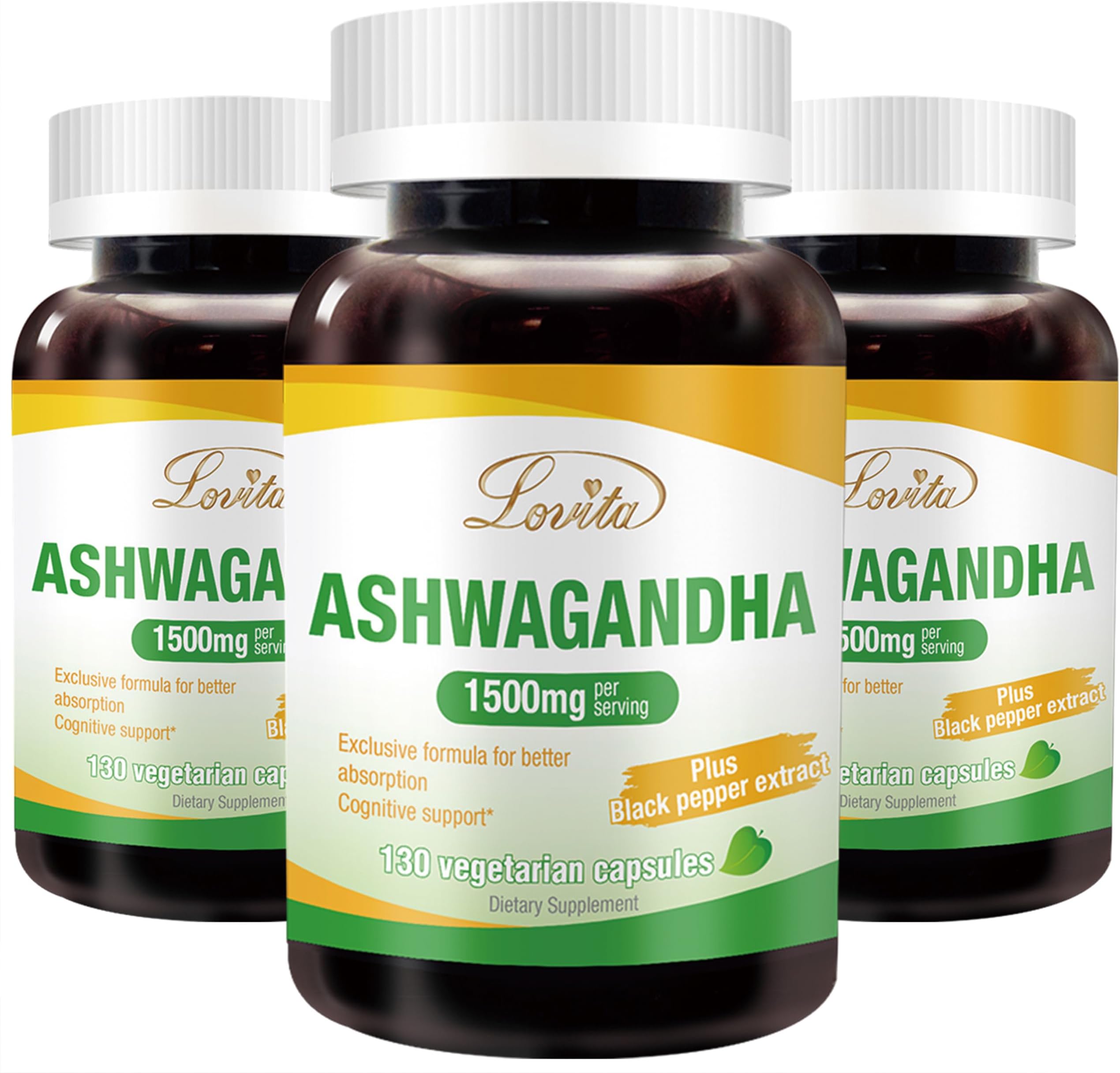 Lovita KSM-66 Ashwagandha 22,500mg Equivalent - Pack of 3 - Total 390 Vegan, Gluten Free Capsules - 5% Withanolide, 95% Black Pepper Piperine, Stress Relief & Energy Support