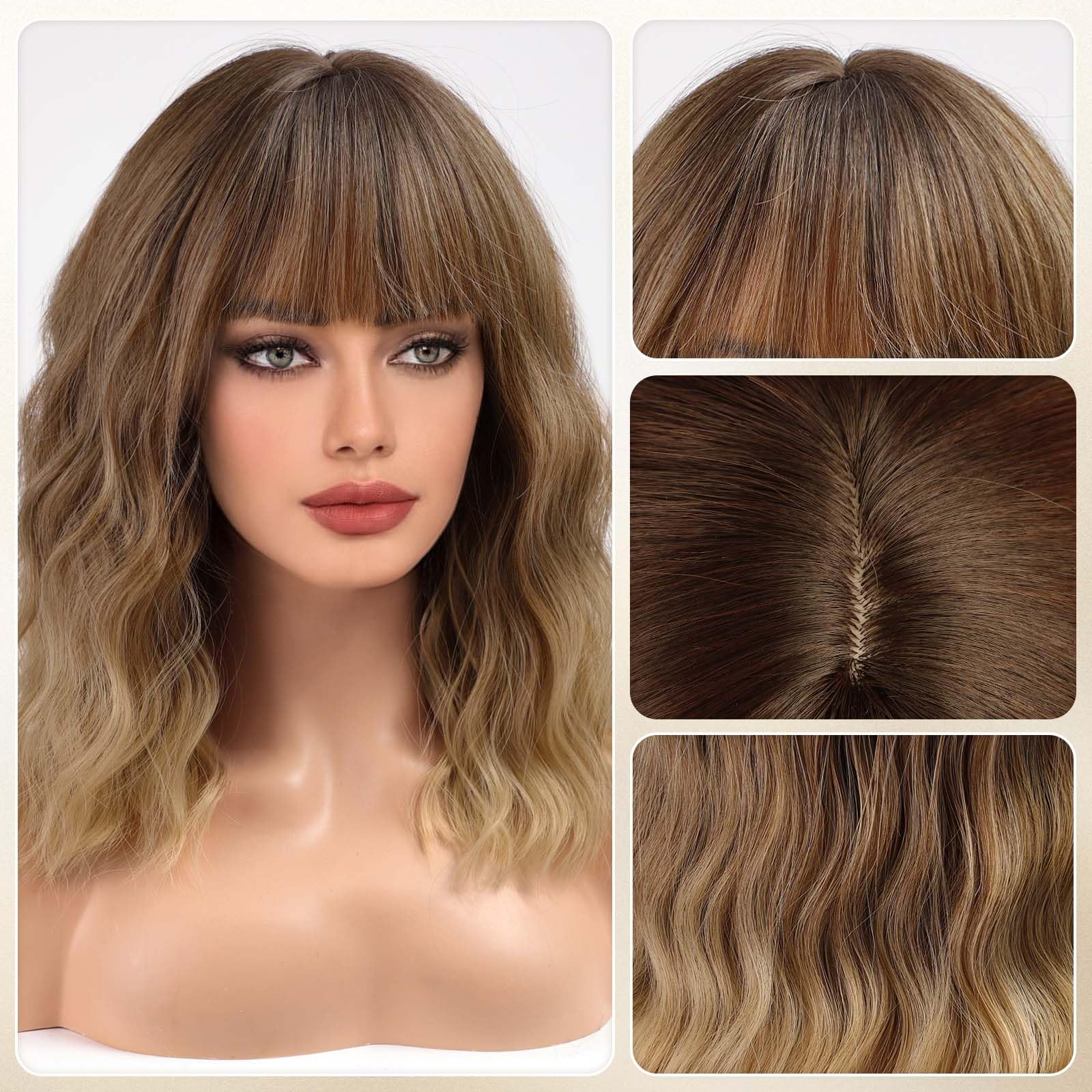 Parrucca Bob Con Frangia HAIRCUBE - Fibra Resistente Al Calore, Colore Marrone Con Highlight