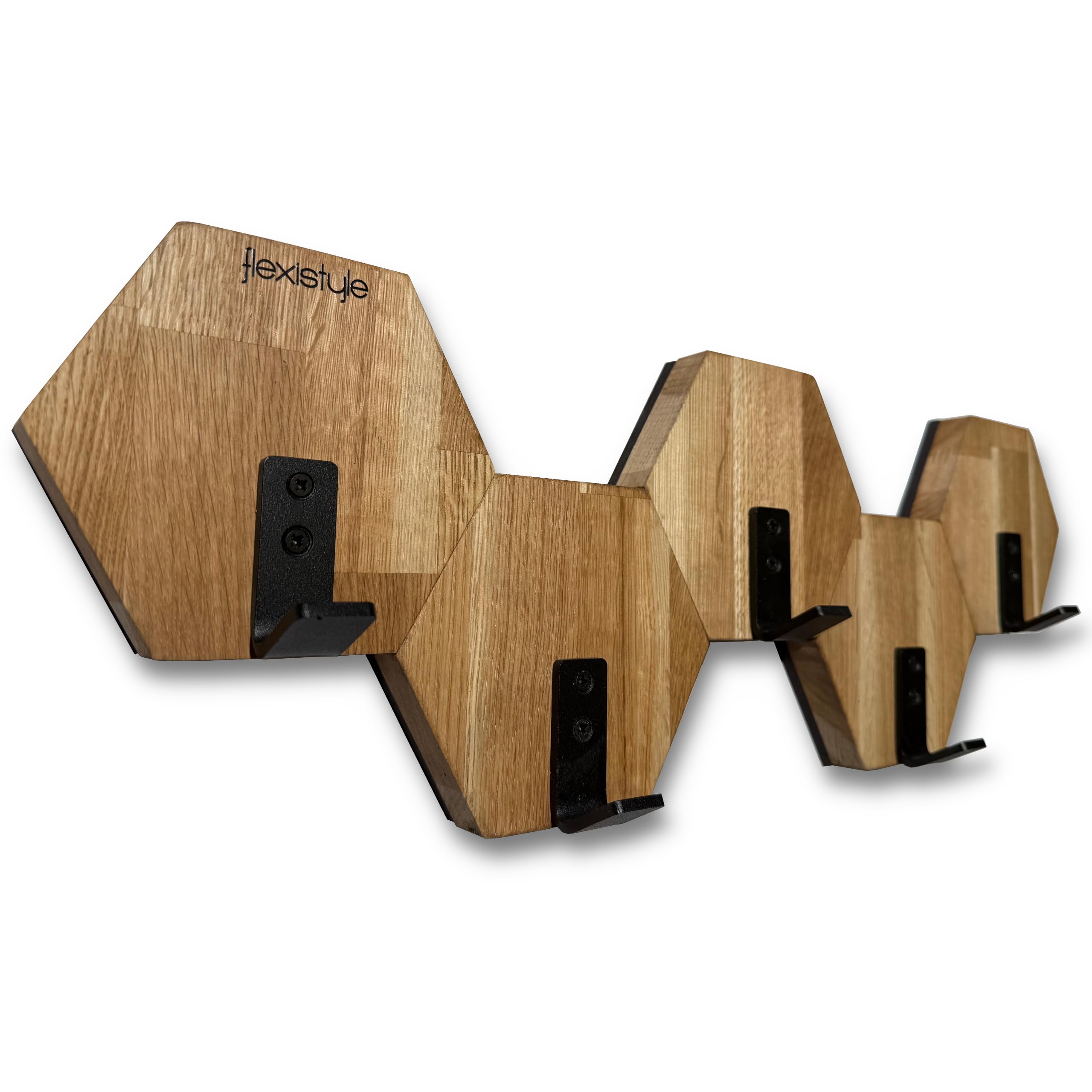 FLEXISTYLE Perchero hexagonal de pared de madera de roble negro, diseño moderno, habitación juvenil, baño natural (roble, 56)