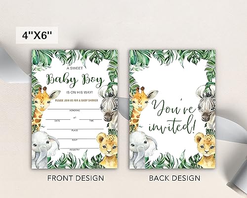 Miniatura 2 de Invitaciones de baby shower para niño, tarjetas de relleno de animales de la selva con sobres, de madera, juego de 25.