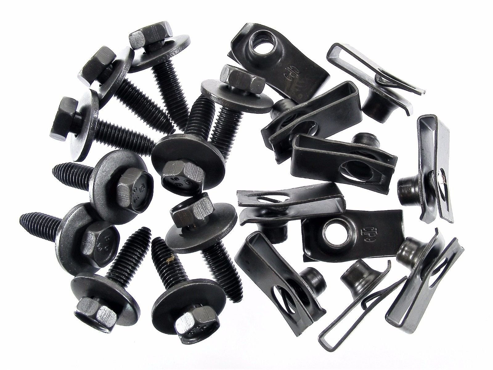 Retro-Motive #1888 Body Bolts & U-Nut Clips, Black Finish, M8-1.25 x 30mm Long - 13mm Hex (10 Piece Each)