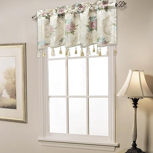 Miniatura 7 de Loom and Mill Cenefas de lujo de estilo europeo para sala de estar, ventana de cocina, elegante cenefa de cortina floral jacquard con borlas,