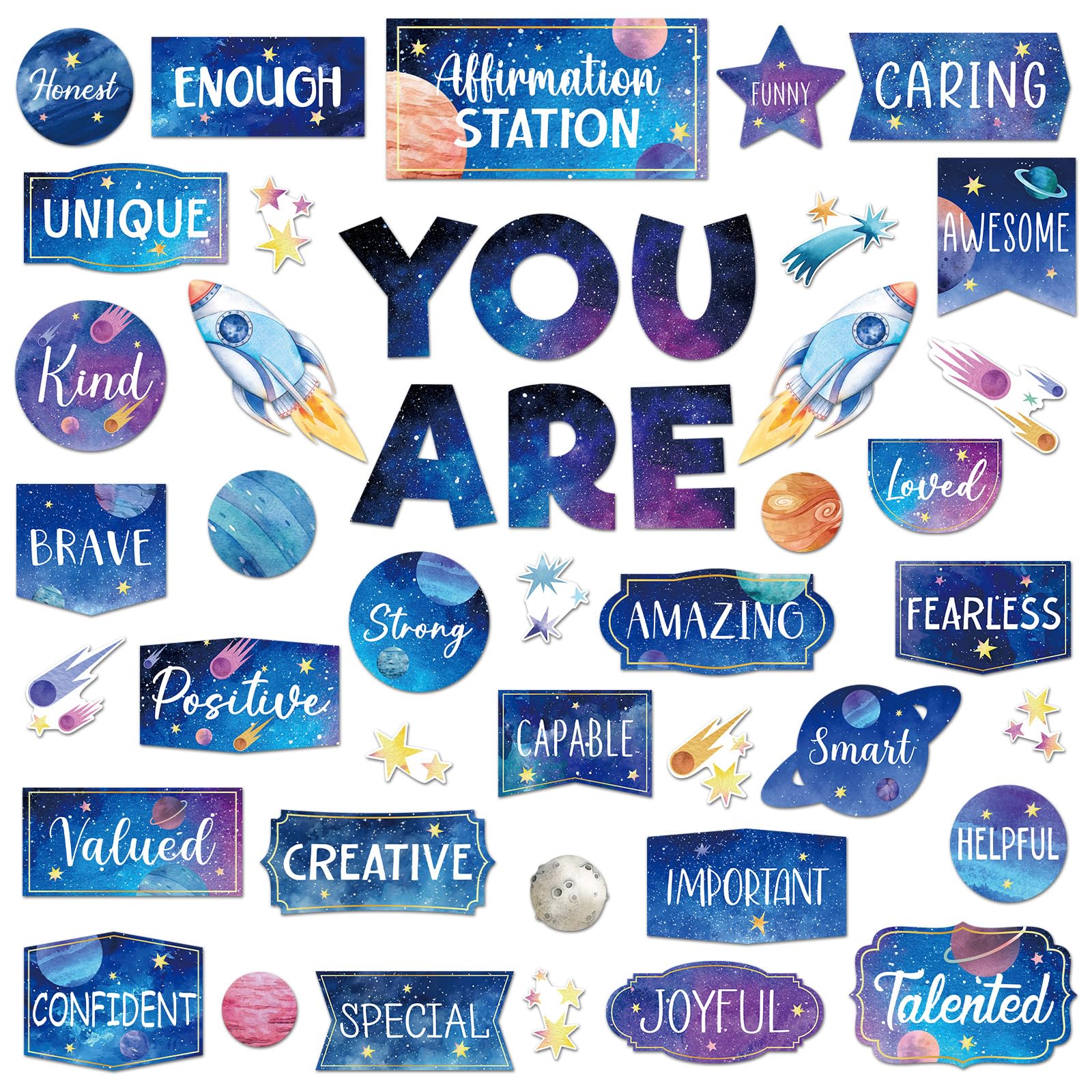 45pcs Space Affirmation Station Bulletin Board Set Motivational Posters Classroom Mirror Growth Mindset Decor Positive Affirmations Accents Cutouts for School Office Home Teacher Wall Supply