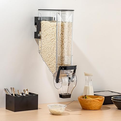 Miniatura 8 de Restaurantware Dispensador de cereales de 5 galones de plástico montado en la pared, dispensador de caramelos, alimentos secos negros de