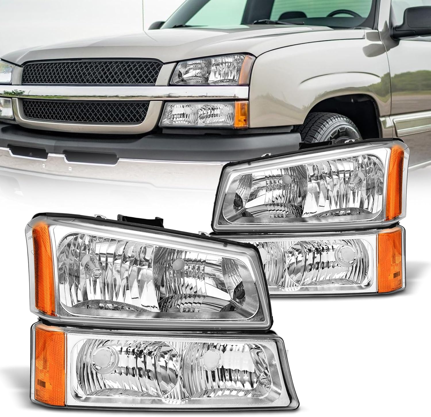 AS Headlight Assembly for 2003 2004 2005 2006 Chevy Silverado/ 03 04 05 06 Avalanche 1500 2500 3500 Headlights Driver and Passenger Side Headlamp Replacement Pair - Not Fits Body Cladding Models