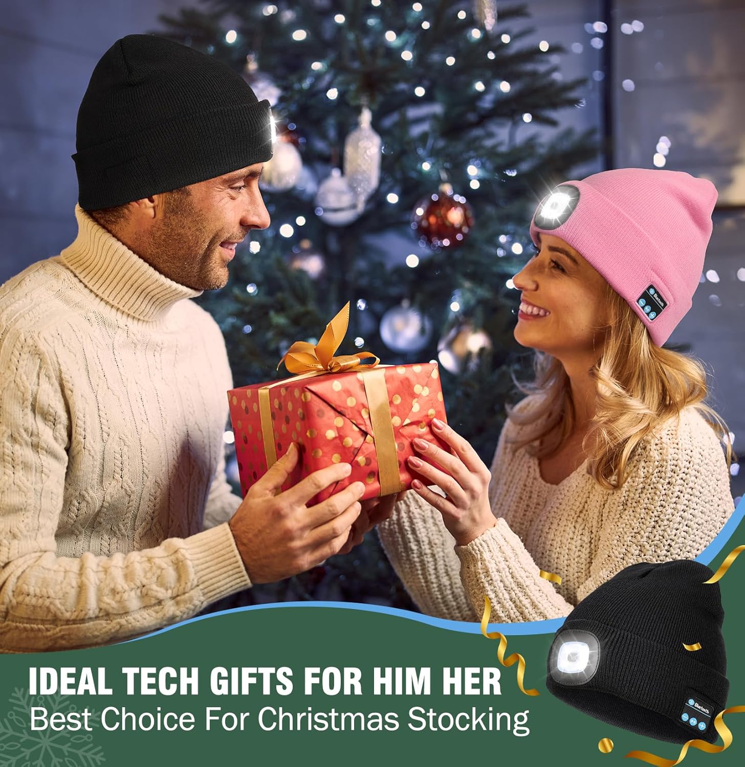 Wmcaps Stocking Cap Stuffers Bluetooth Beanie with A Light, 2-Pack Flashlight Headlamp Winter Hat Gifts for Men Women Dad Him - Image 2