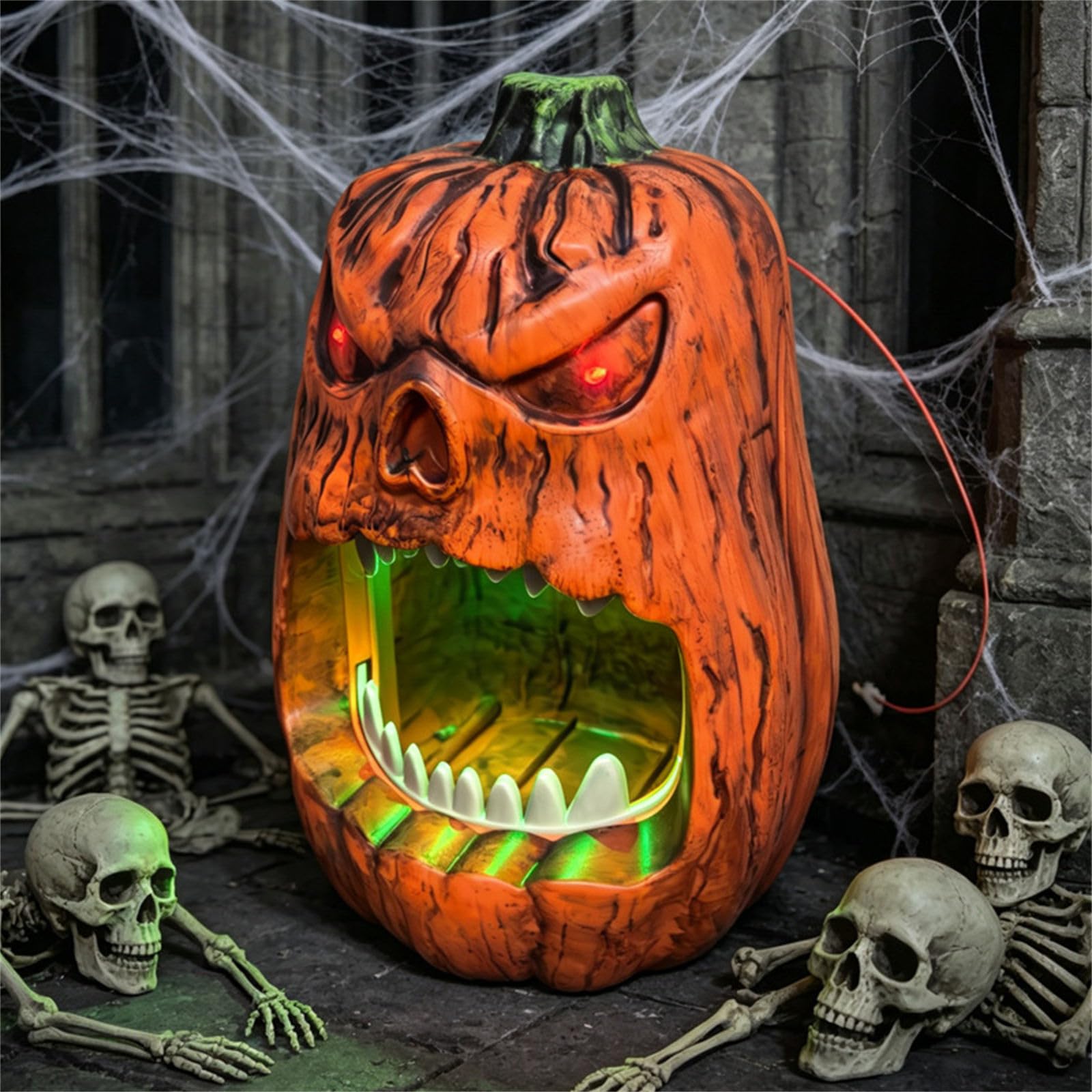 Caja de almacenamiento de caramelos de PVC impermeable con cara de calavera iluminada activada por sonido para decoración de Halloween