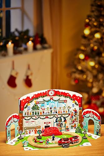 Miniatura 10 de Hape Juego de 24 piezas de calendario de Adviento de madera para Navidad, estación de tren con fondo decorado para niños, adolescentes y adultos,