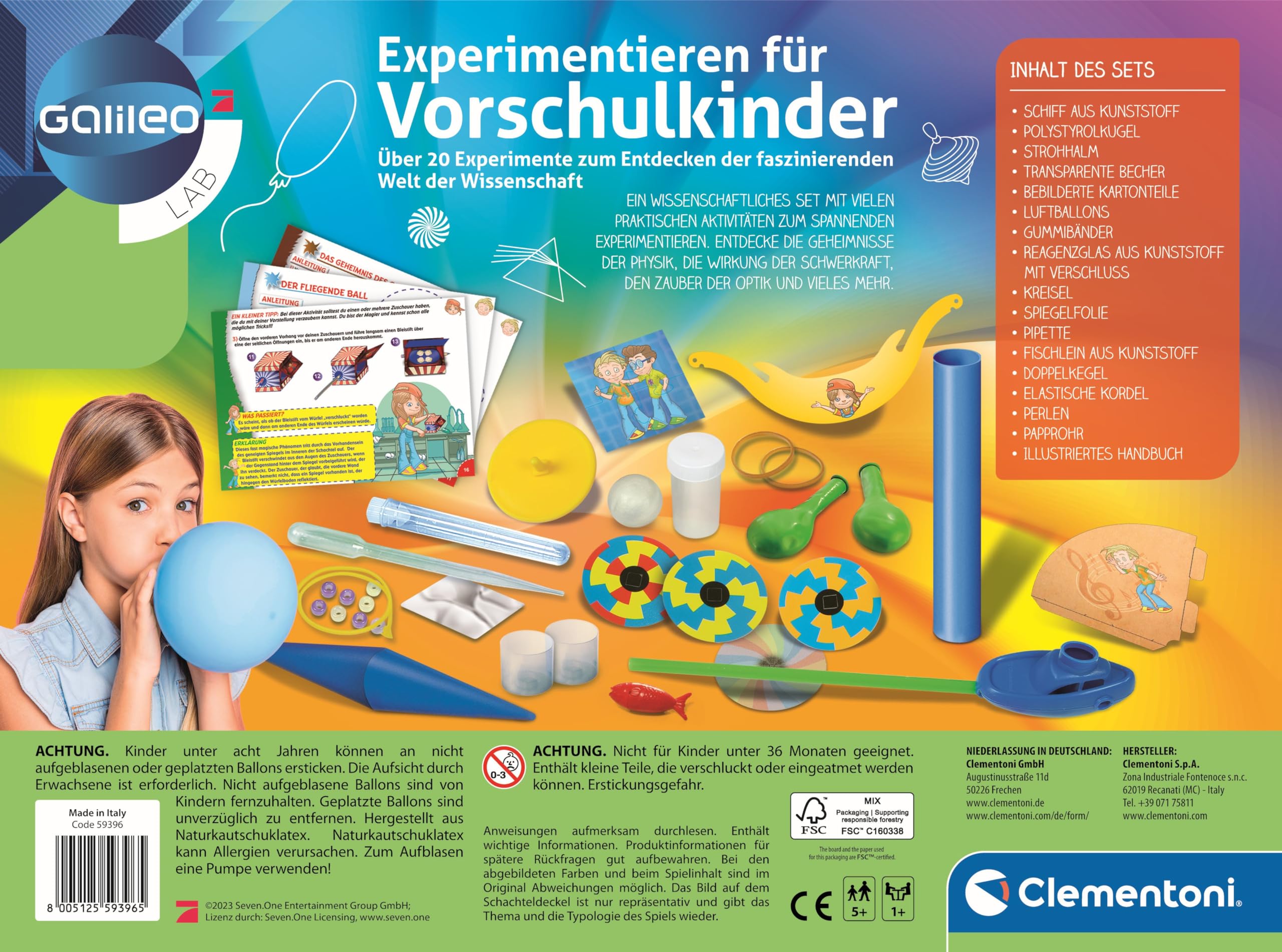 Galileo Lab 59396 - Caja de experimentación para niños en Edad Preescolar (20 experimentos científicos para niños a Partir de 5 años) Clementoni