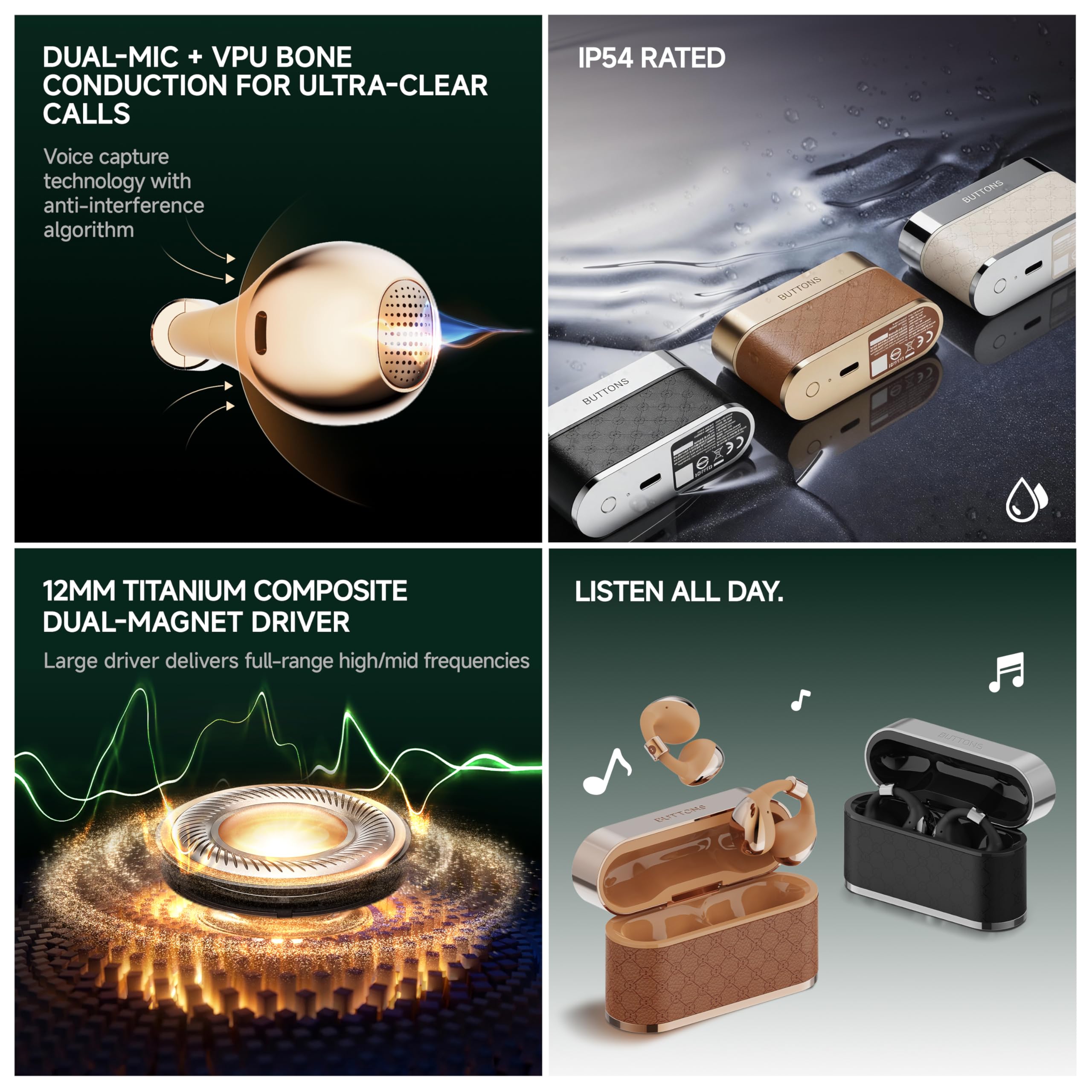 BUTTONS Clip Open Ear Cuffie Bluetooth – KI Assistent HALI, driver in titanio da 12 mm, doppio audio + cavo osseo Ultracore, chiamate chiare, design a clip leggero, suono Hi-Res (oro)