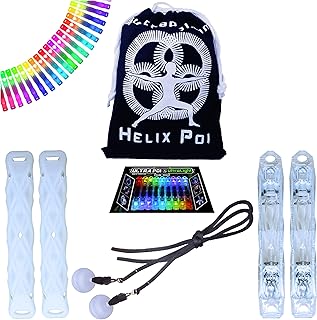 HelixPoi Set - Helix Poi w/Non LED Knob Handles - 70+ Brilliant Color Modes & Patterns - LED Poi Glow Stick Lights w/Soft Durable Cases & Adjustable Leashes - Flow Arts Light Spinning Toy, UltraPoi