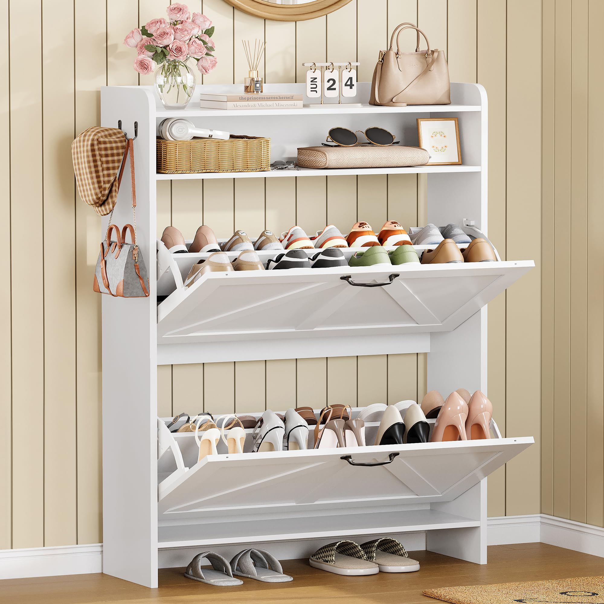 Zapatero Recibidor 24cm, Mueble Zapatero con 2 Cajones y Estantes Ajustables, para 16-20 Pares de Zapatos,Zapatero Estrecho Ideal para Entrada, Salón, Pasillo,24 x 76 x 112 cm, Blanco