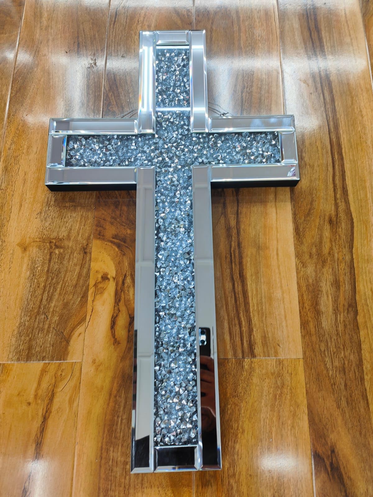 Biznest Silver Crushed Diamond Wall Holy Cross With Mirror 40X60cm Decorative Hanging Cross For Wall Sculpture Art For Wall Home Décor