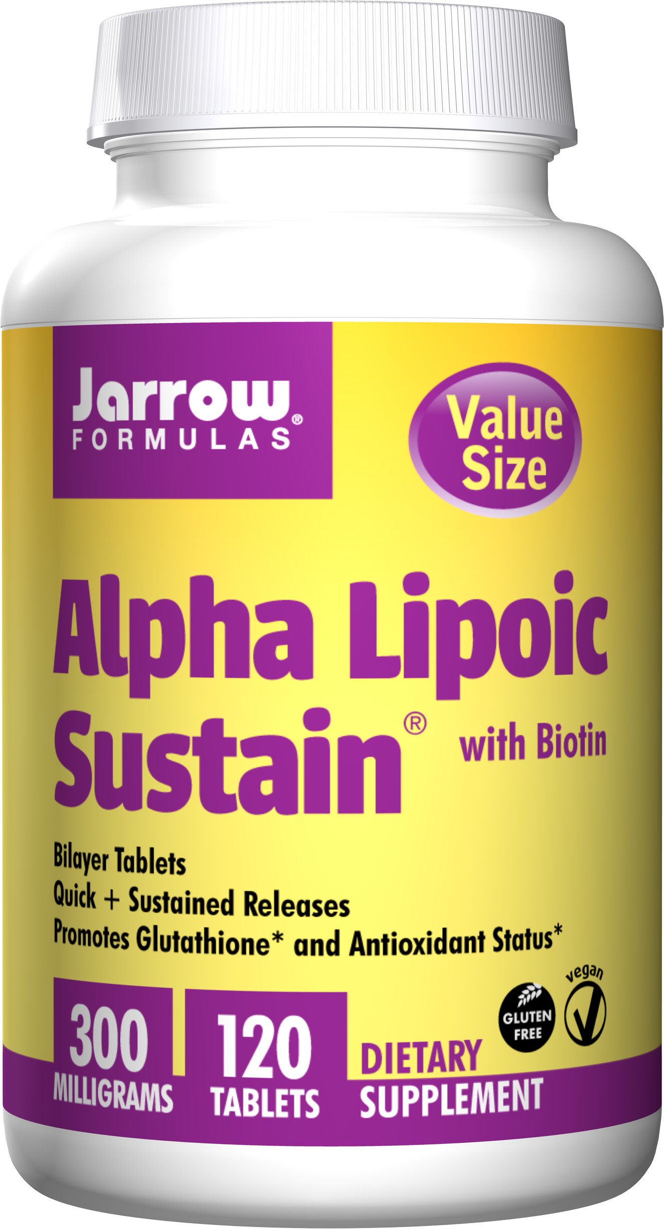 Jarrow Formulas® Alpha Lipoic Sustain with Biotin, 300 mg Alpha Lipoic Acid, Universal Antioxidant, Dietary Supplement, 60 Vegan Tablets, Up to a 60 Day Supply