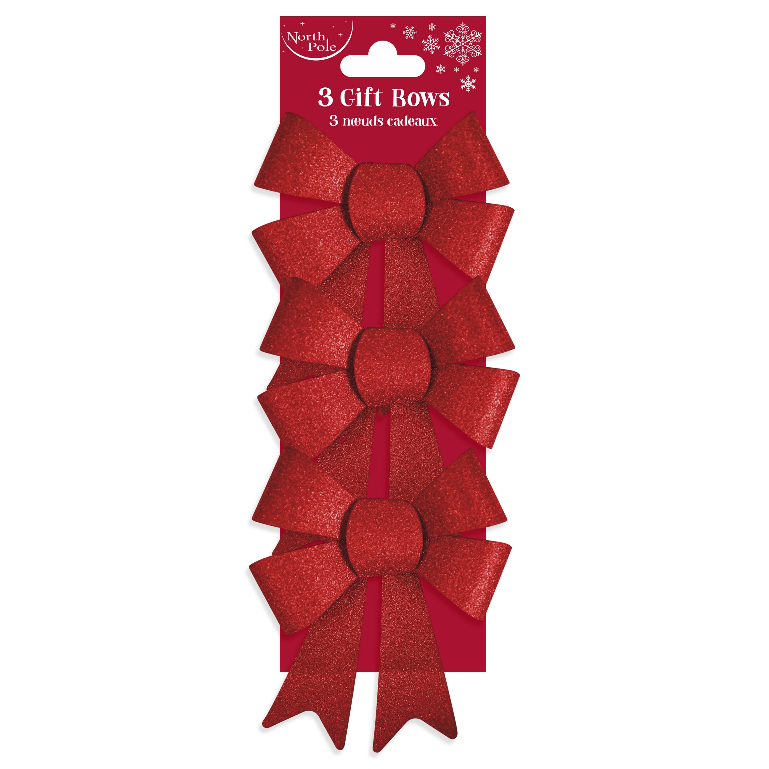 Eurowrap 3 Pack Red Present Bows – Glitter Gift Wrap Bows with Loops and Tails – 11cm Width – Perfect for Christmas, Birthdays & Special Occasions
