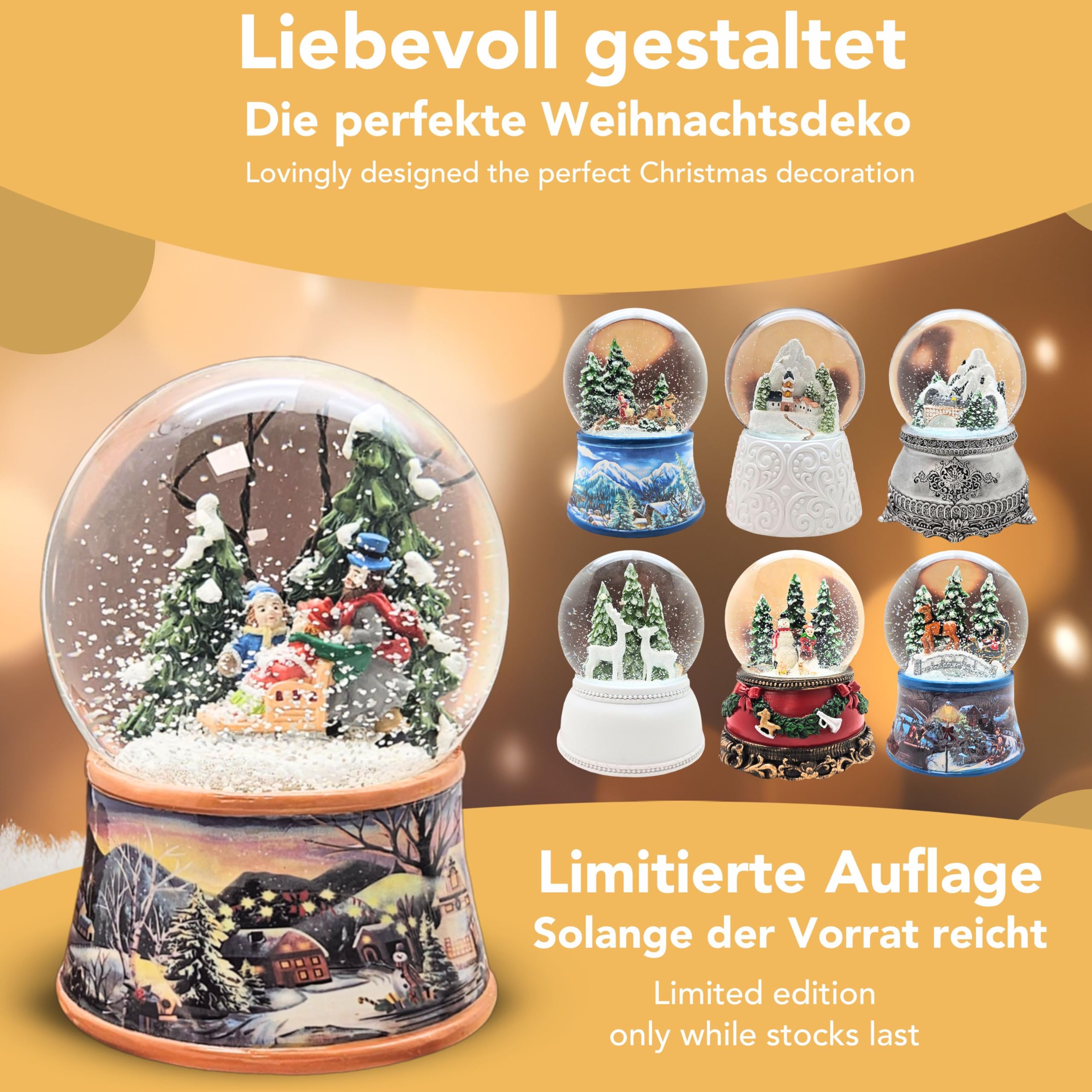 Boule à neige de Noël avec musique - Promenade d'hiver en famille et traîneau - Socle paysage d'hiver ocre - Hauteur : 14 cm - Largeur : 10 cm - Boule à secouer Noël et hiver avec boîte à musique
