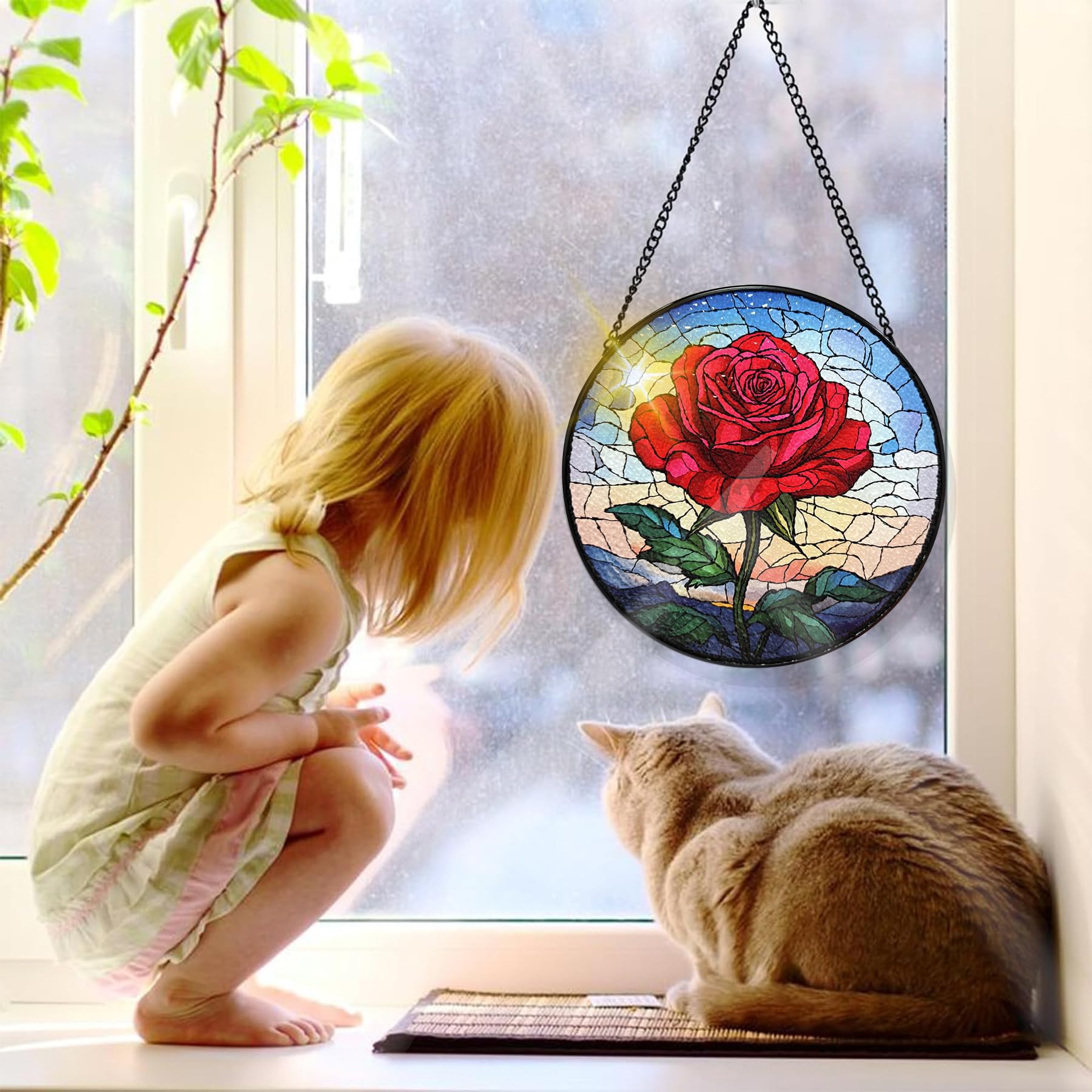 Bimkole Rose Stained Glass Suncatcher Window Hanging, Flowers Design for Indoor Window or Doorway Decoration - Image 4