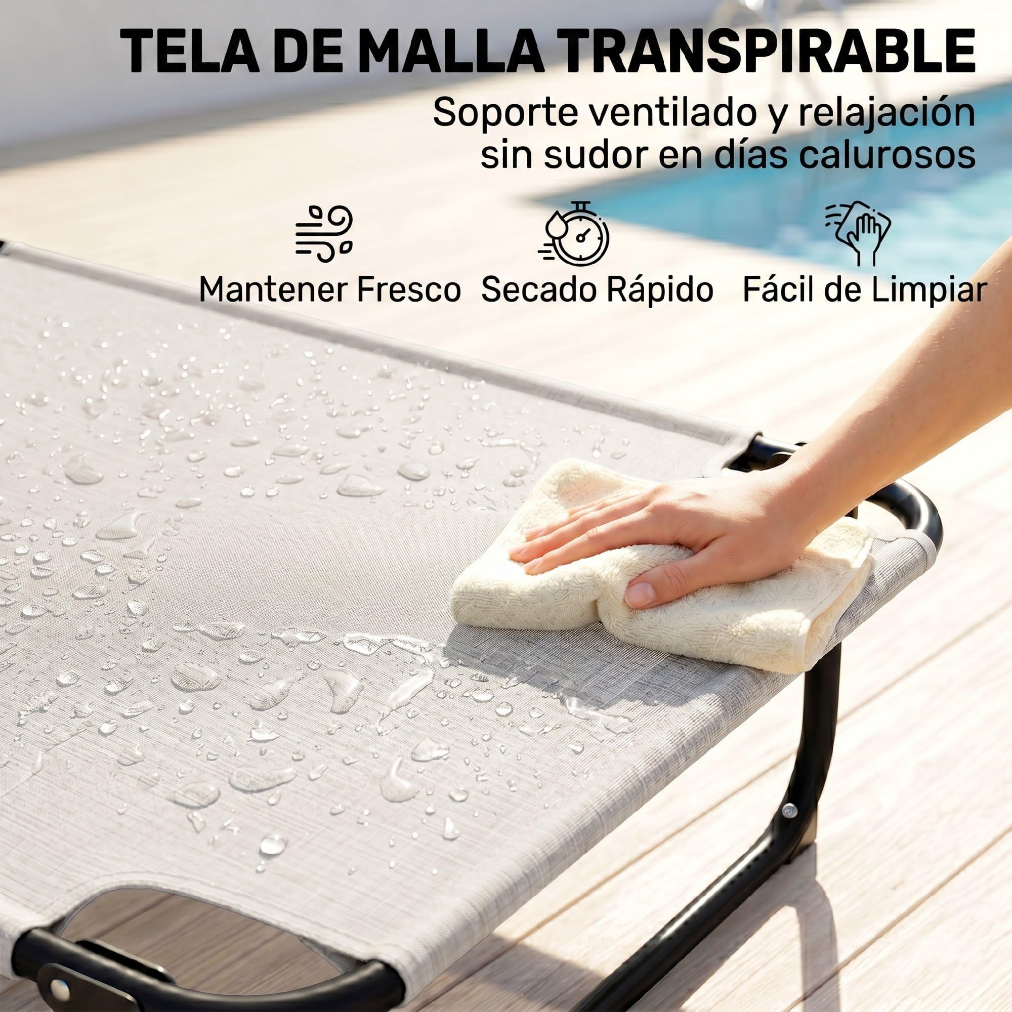 Outsunny Tumbona Plegable, Tumbona Jardín Exterior con Respaldo Ajustable en 4 Posiciones, Orificio de Lectura, Reposacabezas y Brazos, Carga 120 kg, para Terraza, Piscina, 145x72x89 cm, Crema