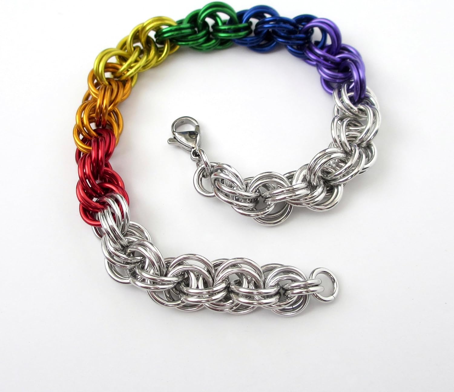 Handmade Rainbow Chainmail Double Spiral Bracelet – LGBTQ+ Pride Jewelry – Custom Length – Stainless Steel Lobster Claw Clasp