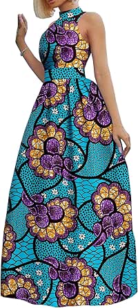 BAZINRICHE African Dress For Women - Short Sleeve Ankara Wax Print Maxi Dress, Bohemian Style