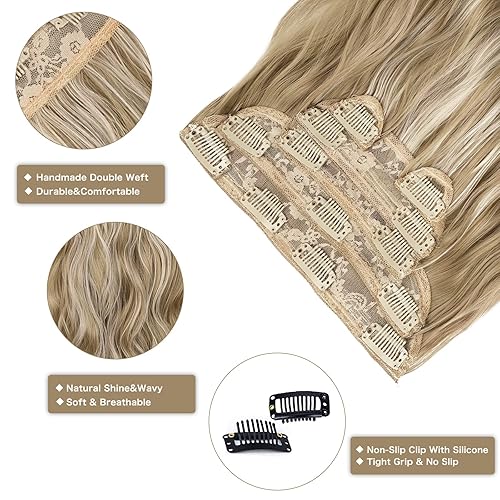 Miniatura 3 de Extensión de cabello con clip, de 20 pulgadas, mezcla de rubio ceniza y rubio decolorado, 6 piezas, extensiones de cabello largo ondulado y rizado