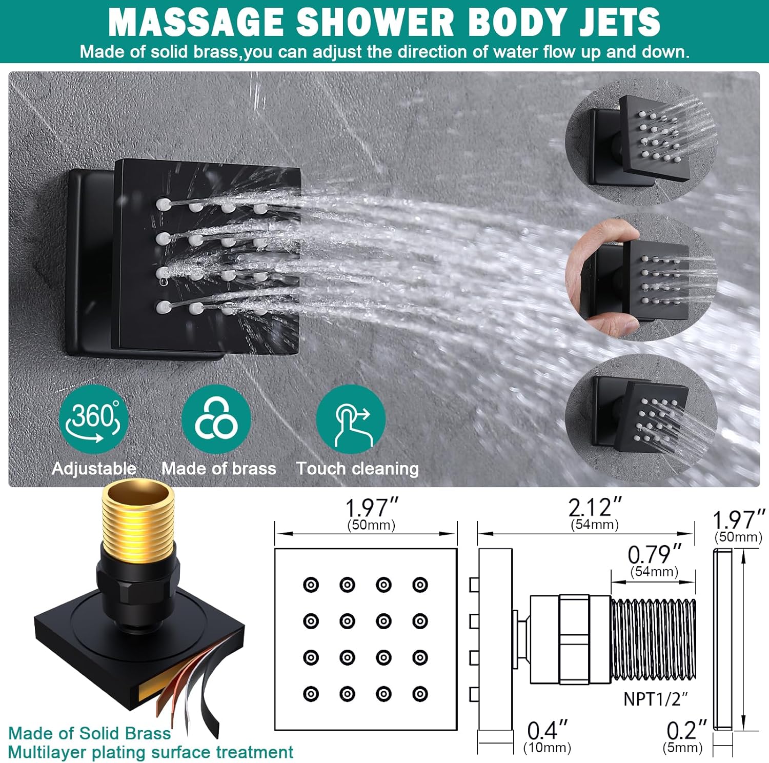 HOMEDEC Luxury 15.7x31.5" Mist Rain Shower System, 4-Way Thermostatic Diverter Valve with 6 Spray Jets, Ceiling Shower Faucet Set Complete, Black