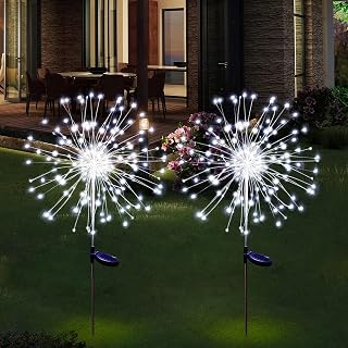 Solar Garden Lights Upgraded Outdoor Firework Lights 2 Pack 120 LEDs with 8 Lighting Modes IP65 Waterproof Starburst Lights for Patio Walkway Pathway Party Wedding Decorative(Cool White)