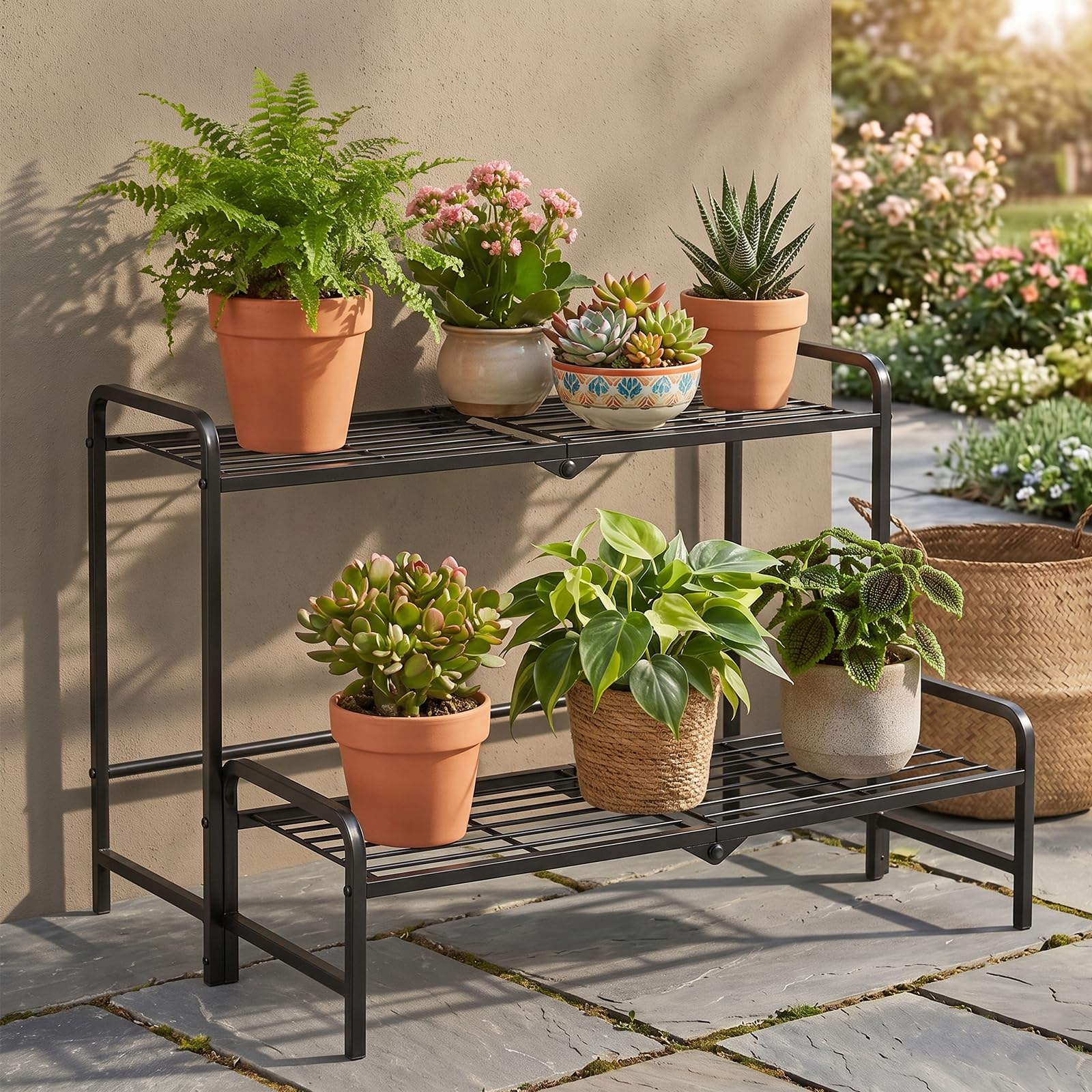 Support de plantes en métal convertible à 2 niveaux- Rangement empilable